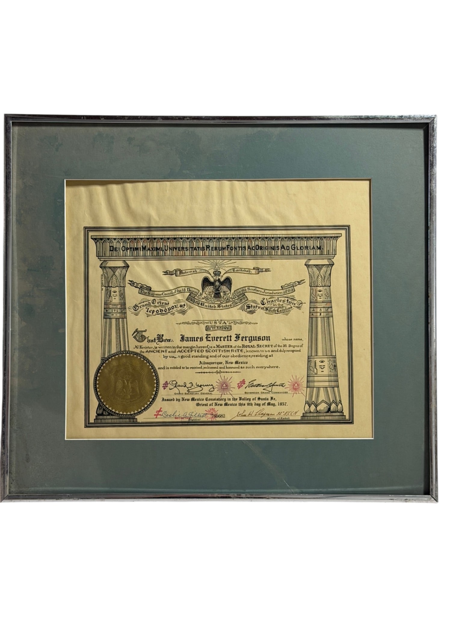 Masonic Certificate: Framed Scottish Rite Masonic certificate issued in 1957 with embossed seal.