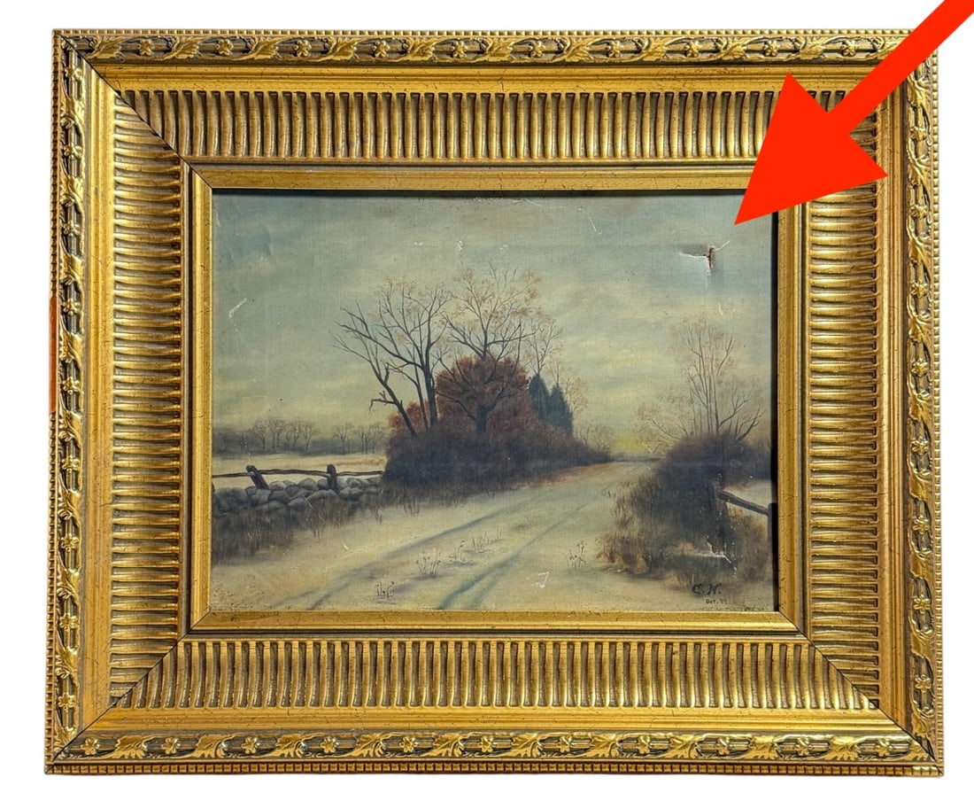 Antique Winter Landscape Oil Painting on Canvas Signed S.N. 1899 (1 of 8)