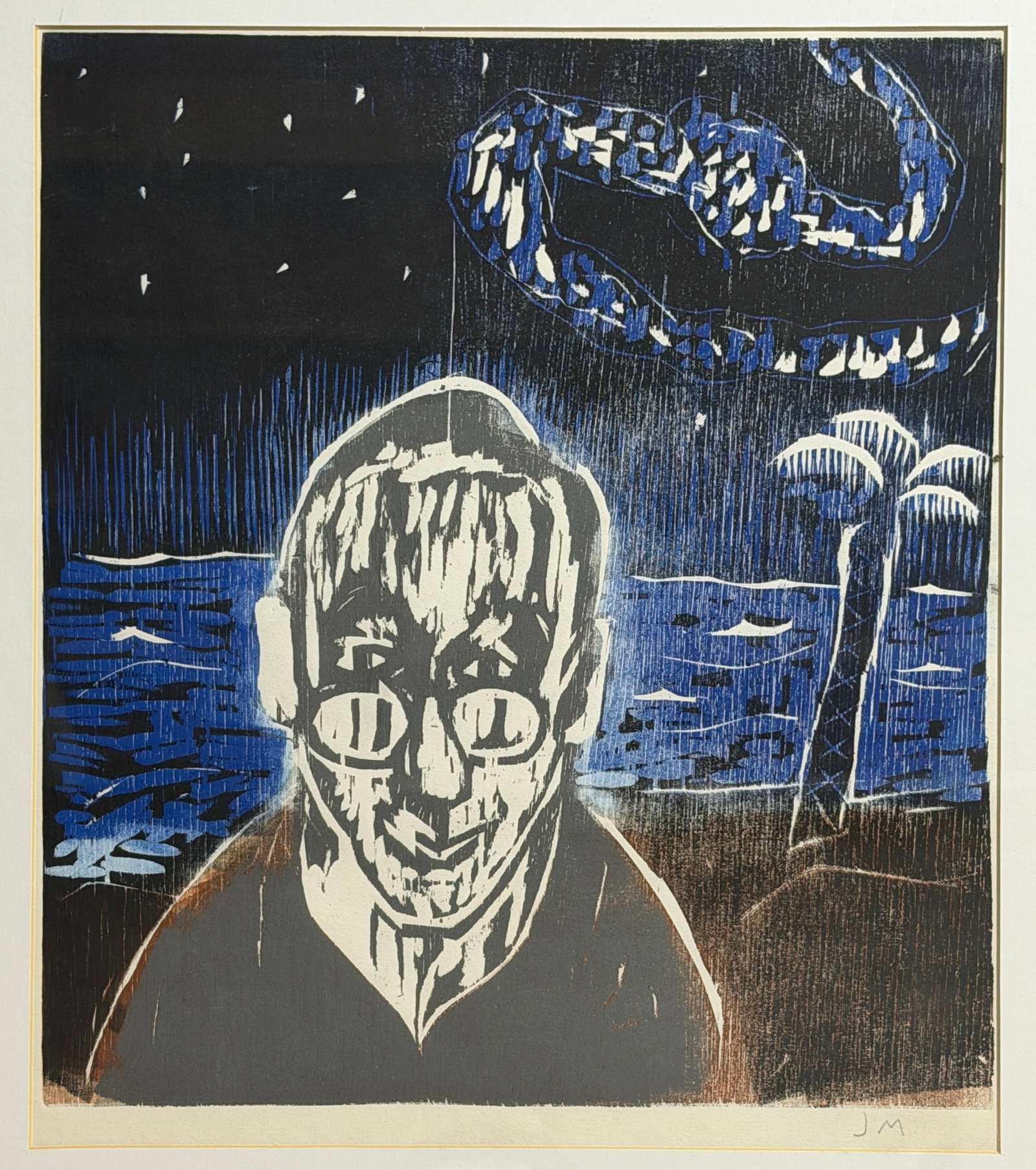 Expressionist Woodcut Signed J.M. - 2