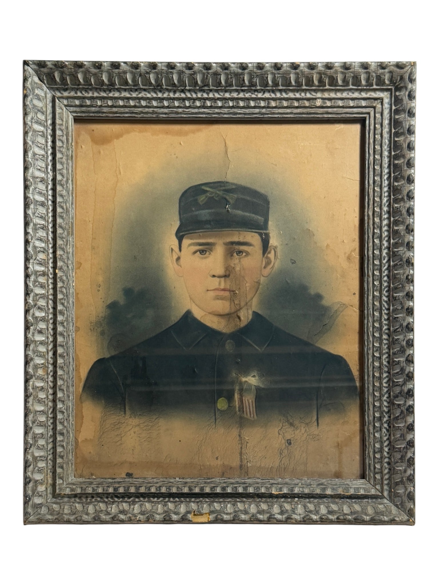 Civil War Soldier Portrait SETH BALLAM 71 CANAL CO.: Framed antique portrait of a young soldier in uniform with patriotic insignia.