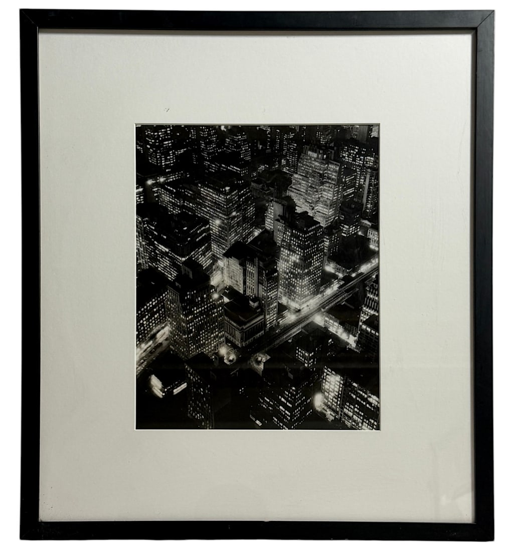 Berenice Abbott New York at Night Gelatin silver print Photograph: Berenice Abbott, New York City Night View Photograph framed size 19.5 x 22" inches photo 10" x 13" inThis work is lower right corner Embossing stamped MC monogram