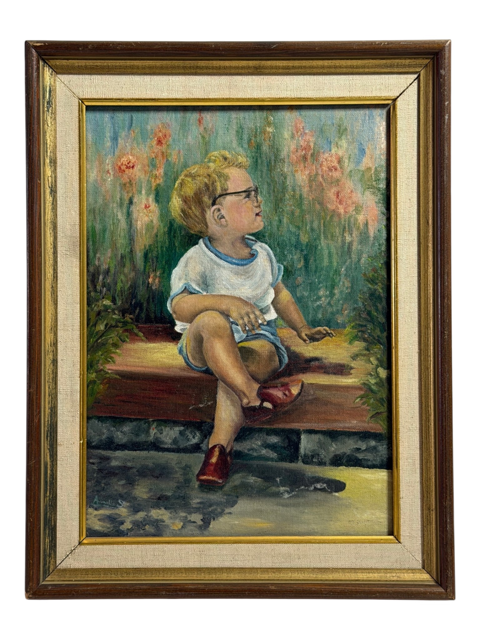 Portrait of Child Oil Painting: Framed oil painting portrait of a child seated in a garden setting.