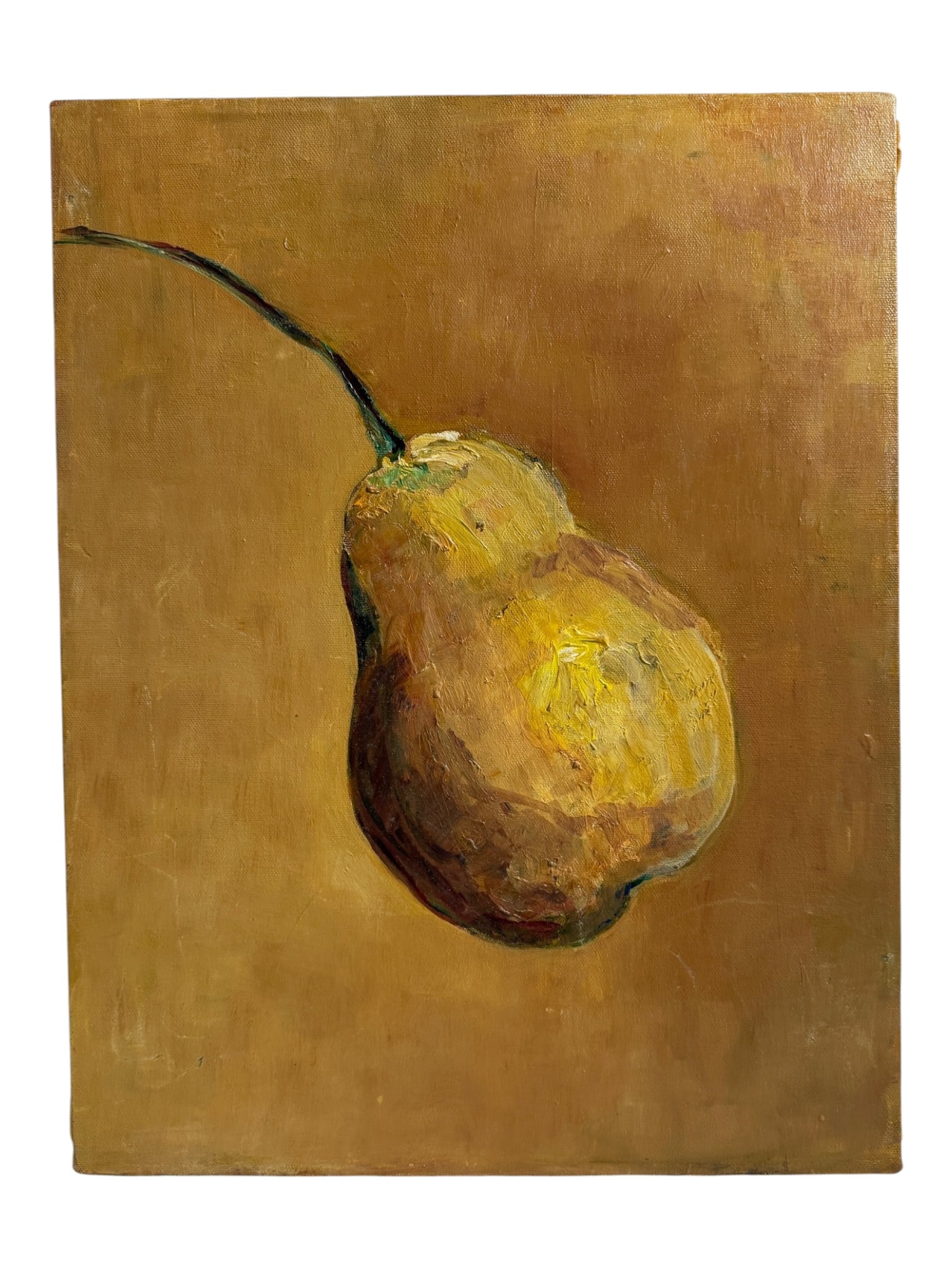 Still Life Pear Painting: Oil on canvas still life depicting a single pear against a warm background.