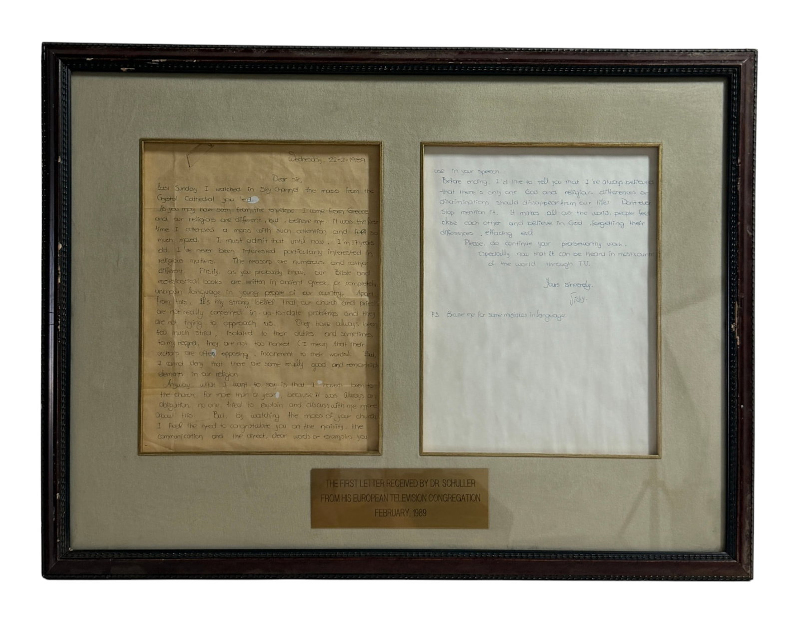Robert Schuller Congregation Letter: Framed 1989 letter display described as first letter received from a European television congregation.