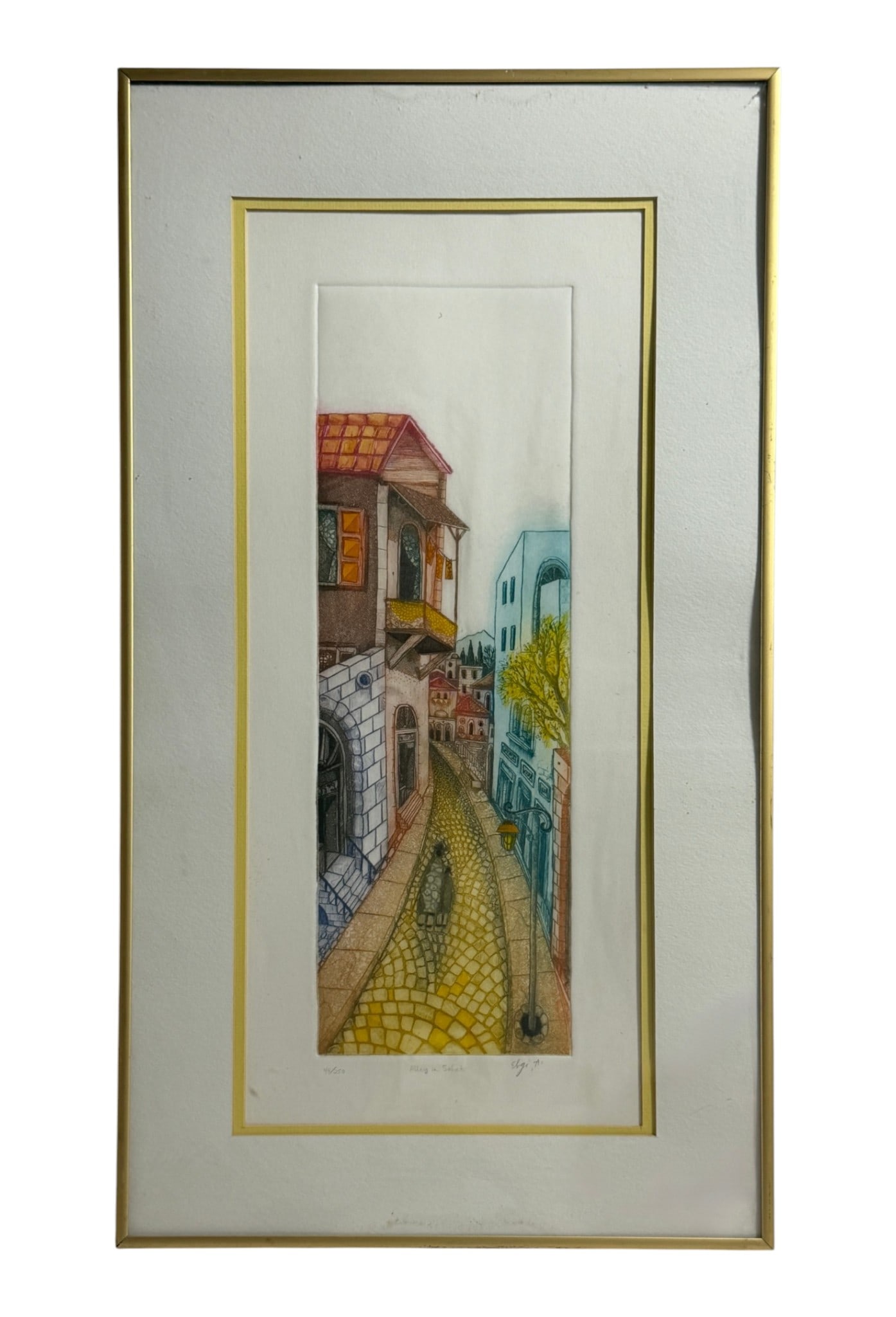 Alley in Safed Lithograph Signed and Numbered: Framed signed and numbered print depicting a narrow alleyway in Safed.