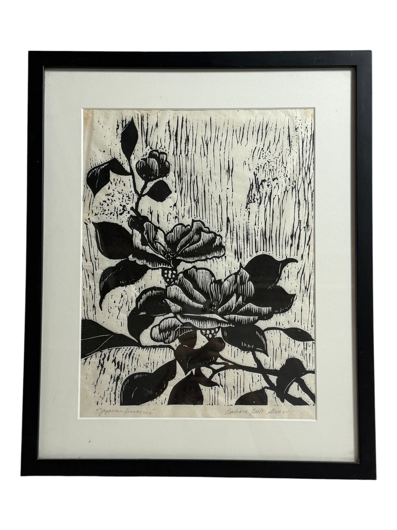 Japanese Blossoms Woodcut Signed: Framed black and white woodcut print titled 'Japanese Blossoms'.