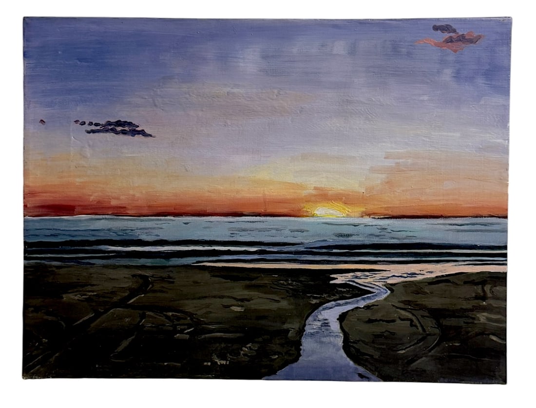 Sunset Seascape Painting: Original painting of a beach and ocean sunset with reflective tidal channel.