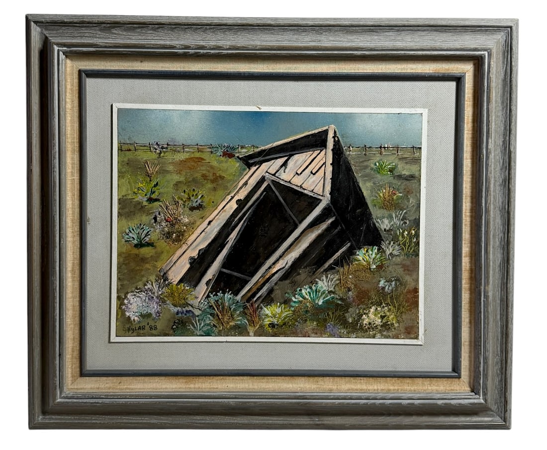 Skylar '88 Landscape Painting: Framed landscape painting of a rustic wooden structure in a field, signed and dated 1988.