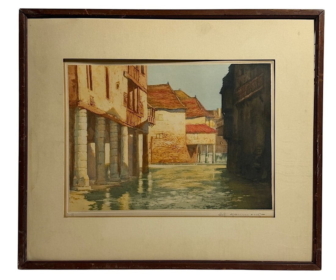 European Canal Scene Lithograph Signed and Numbered: Framed signed print depicting a sunlit canal and historic European architecture.