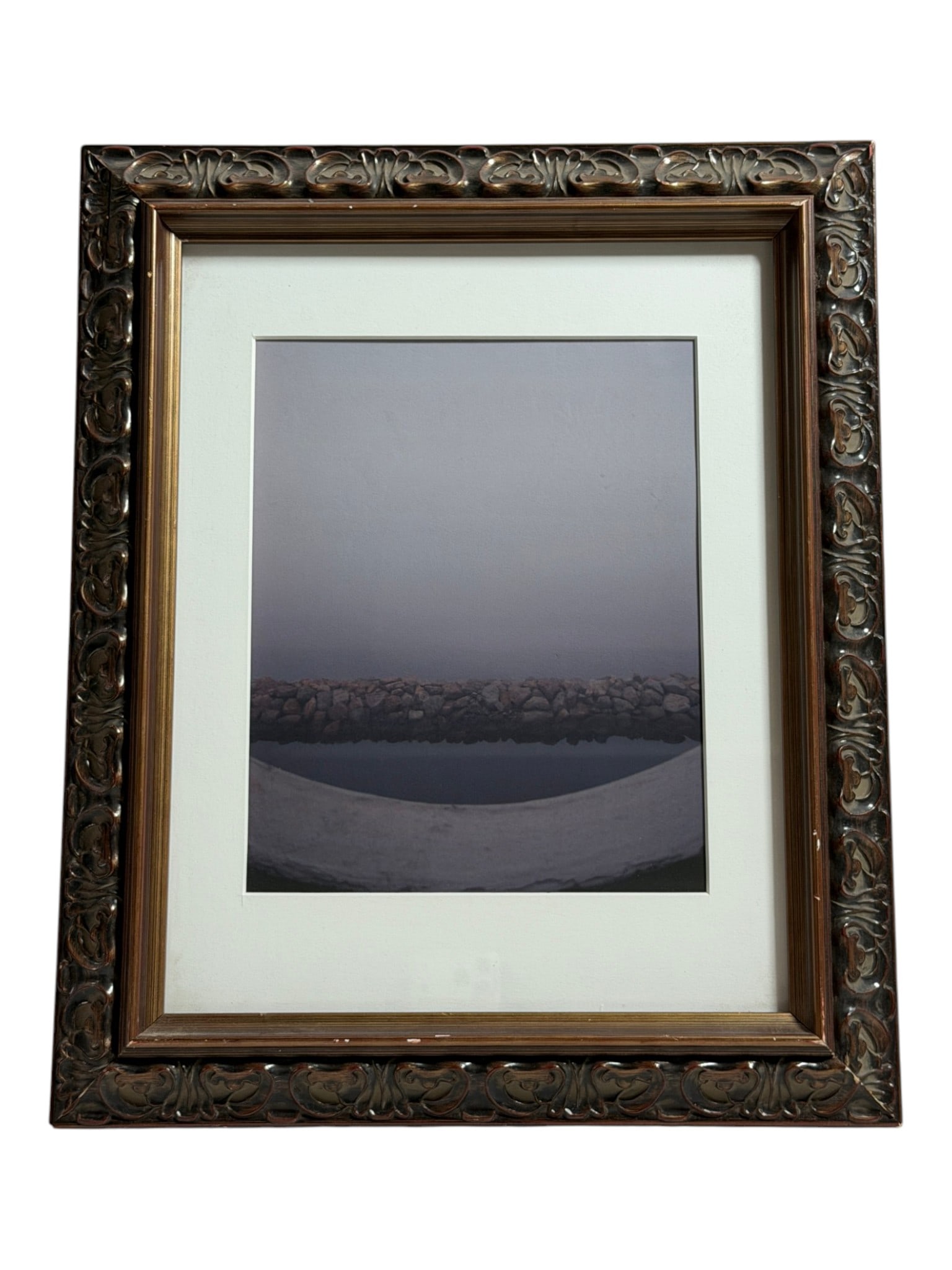 Minimalist Landscape Photograph: Framed contemporary photograph featuring a foggy horizon and stone breakwater.