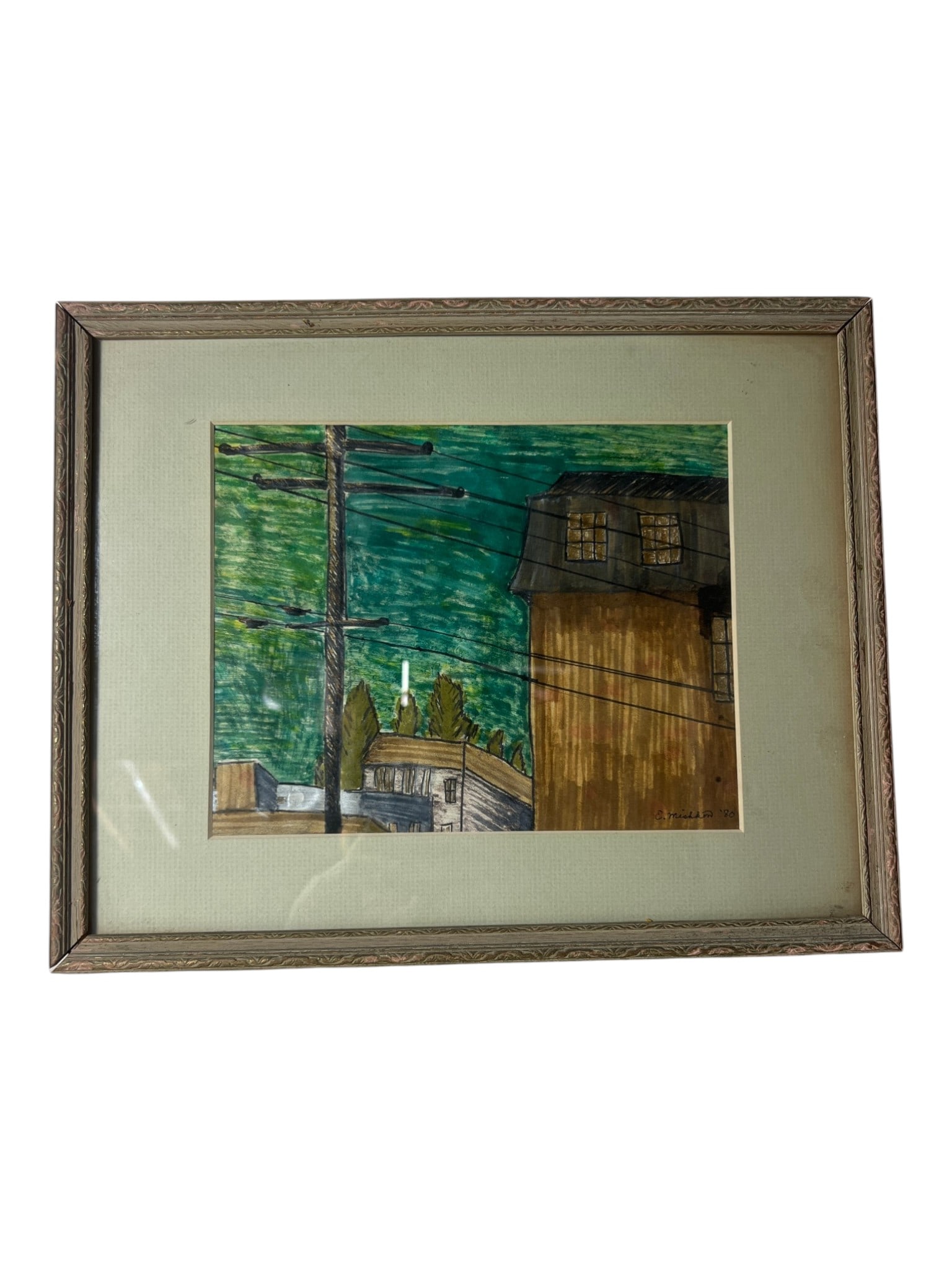 Vintage Painting Urban Utility Pole Scene Signed (1 of 4)