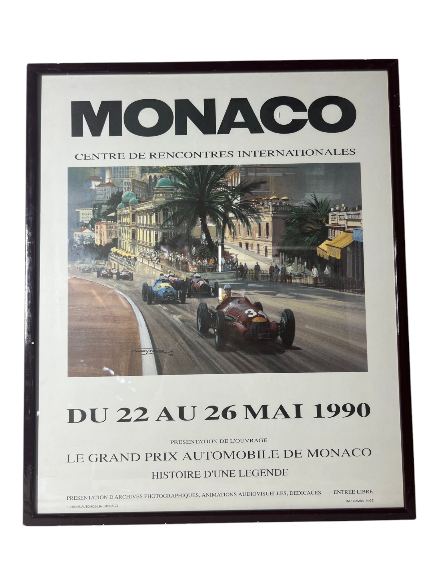 Monaco Grand Prix Poster: Framed Monaco automobile exhibition and Grand Prix poster, dated 1990.