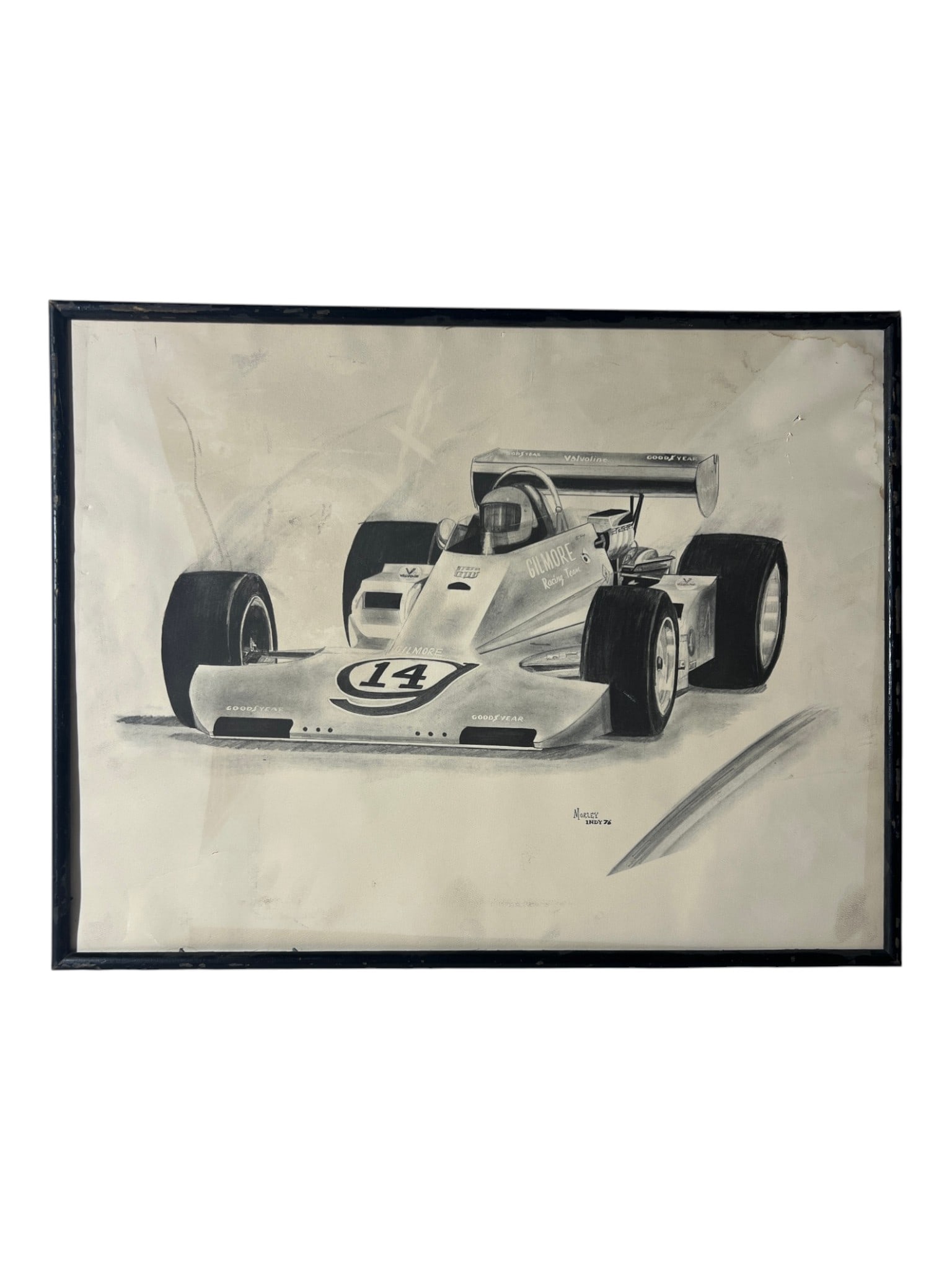 Indy Race Car Drawing Signed by Morley: Framed graphite drawing of race car marked 'Indy 76'.