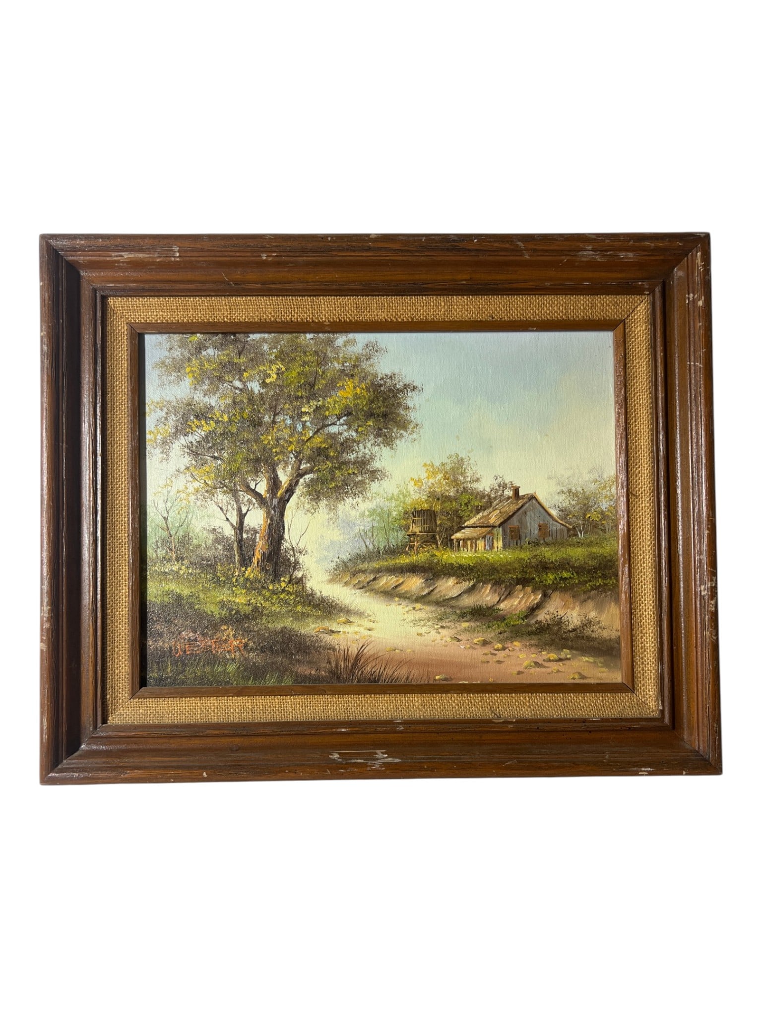 Landscape Oil Painting Signed by Wester: Framed oil painting depicting a rural cottage and tree-lined path, signed lower left.