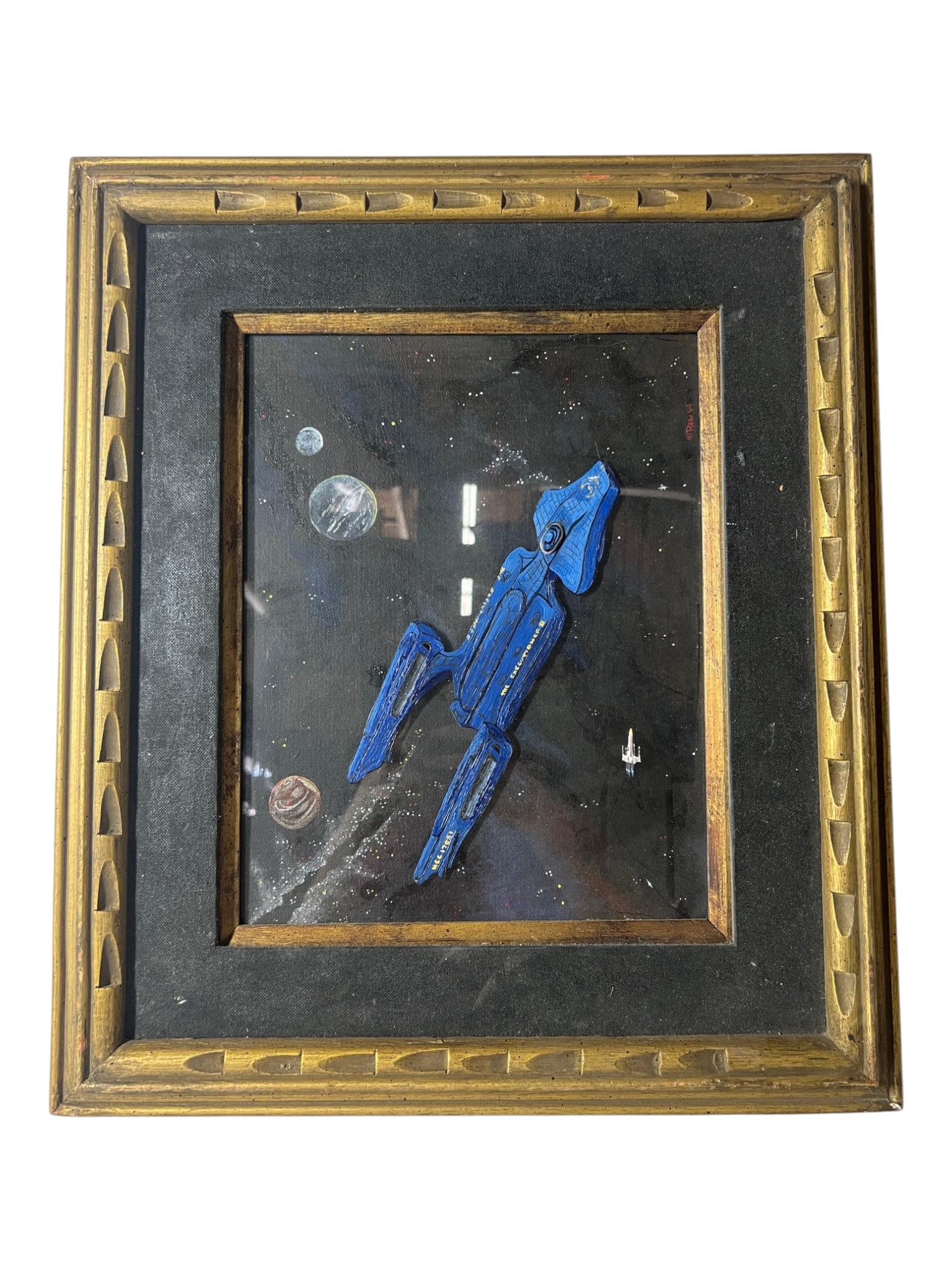 Star Trek Art Spacecraft Science Fiction: Framed painting of a blue spacecraft in outer space with planets and stars.