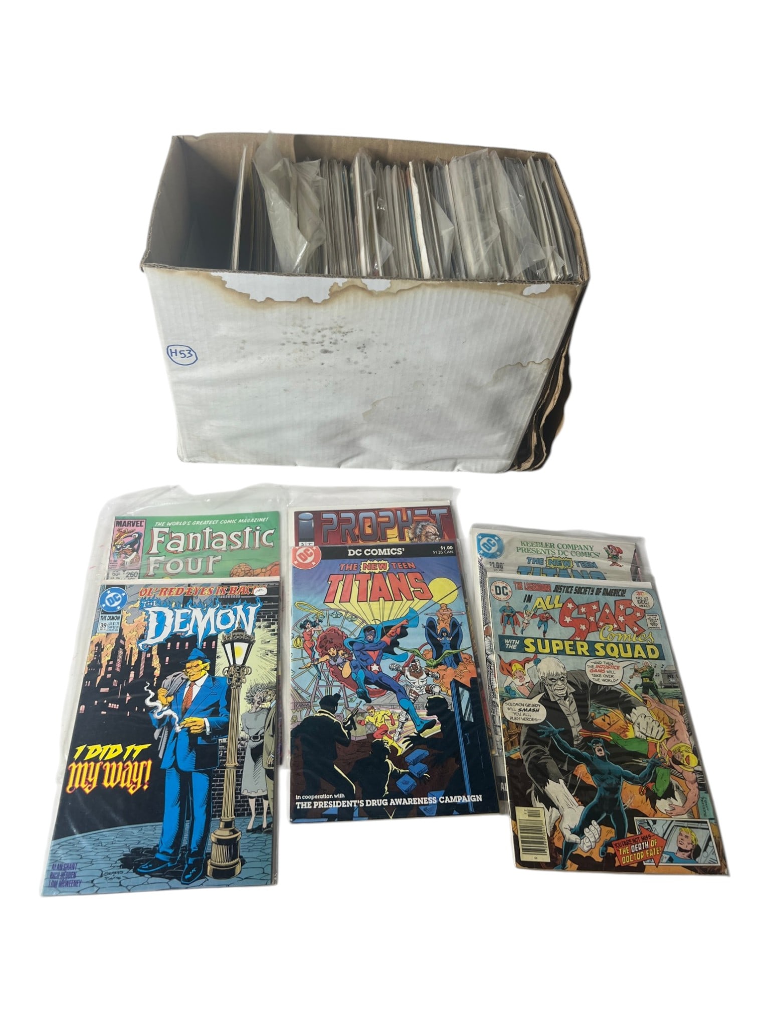 Comic Book small Box Collection lot: Additional box lot of assorted comic books in protective sleeves, including DC and Marvel titles.