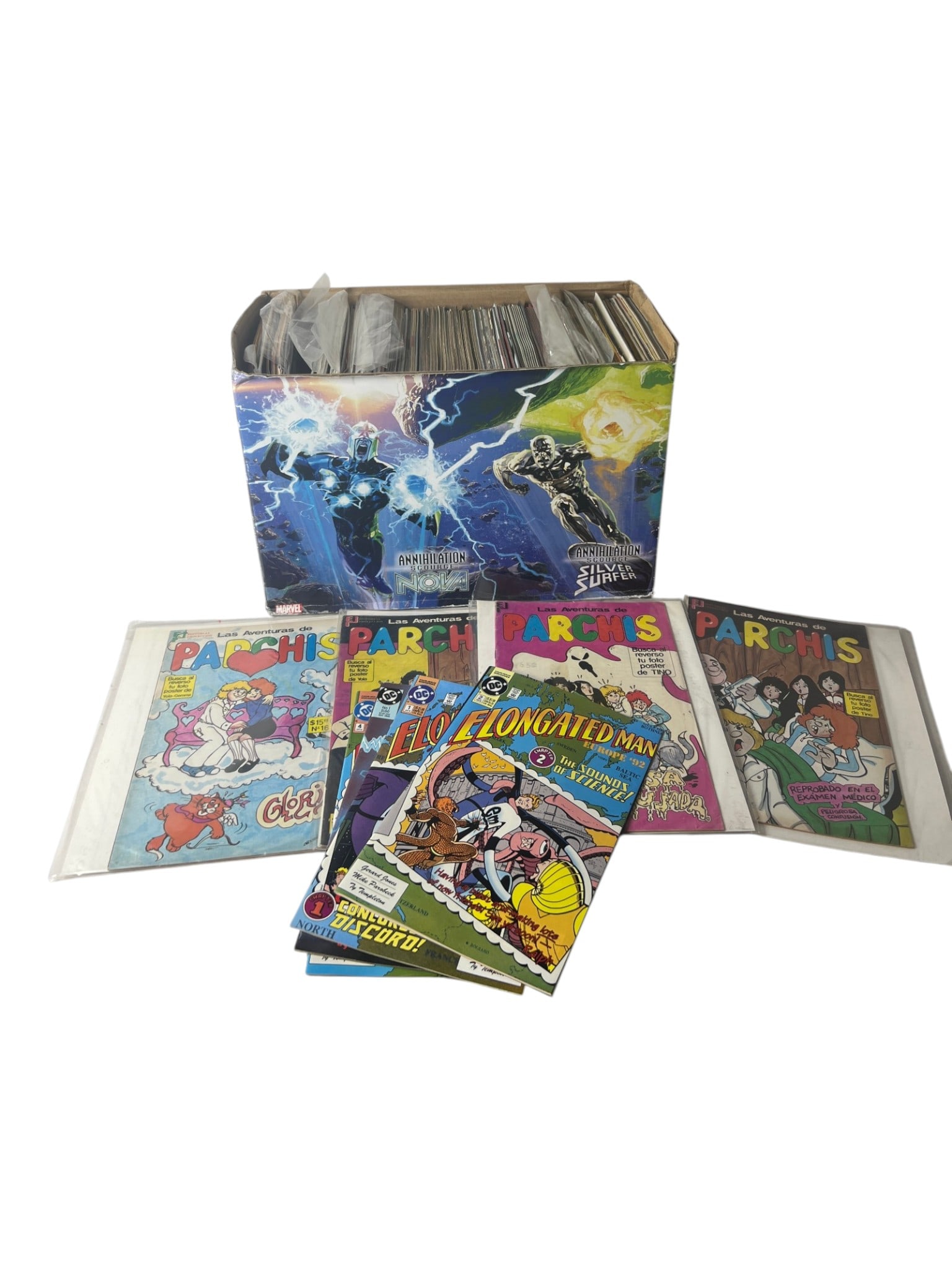 Comic Book small Box Collection lot: Additional box lot of assorted comic books in protective sleeves, including DC and Marvel titles.