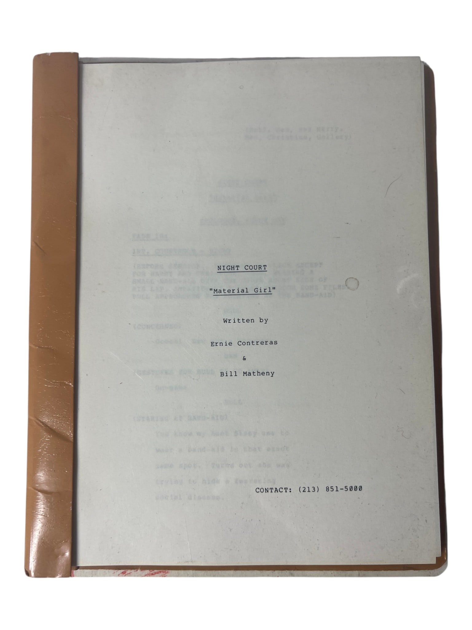 Night Court Movie Script: Television script titled "Material Girl" for Night Court, written by Ernie Contreras and Bill Matheny.