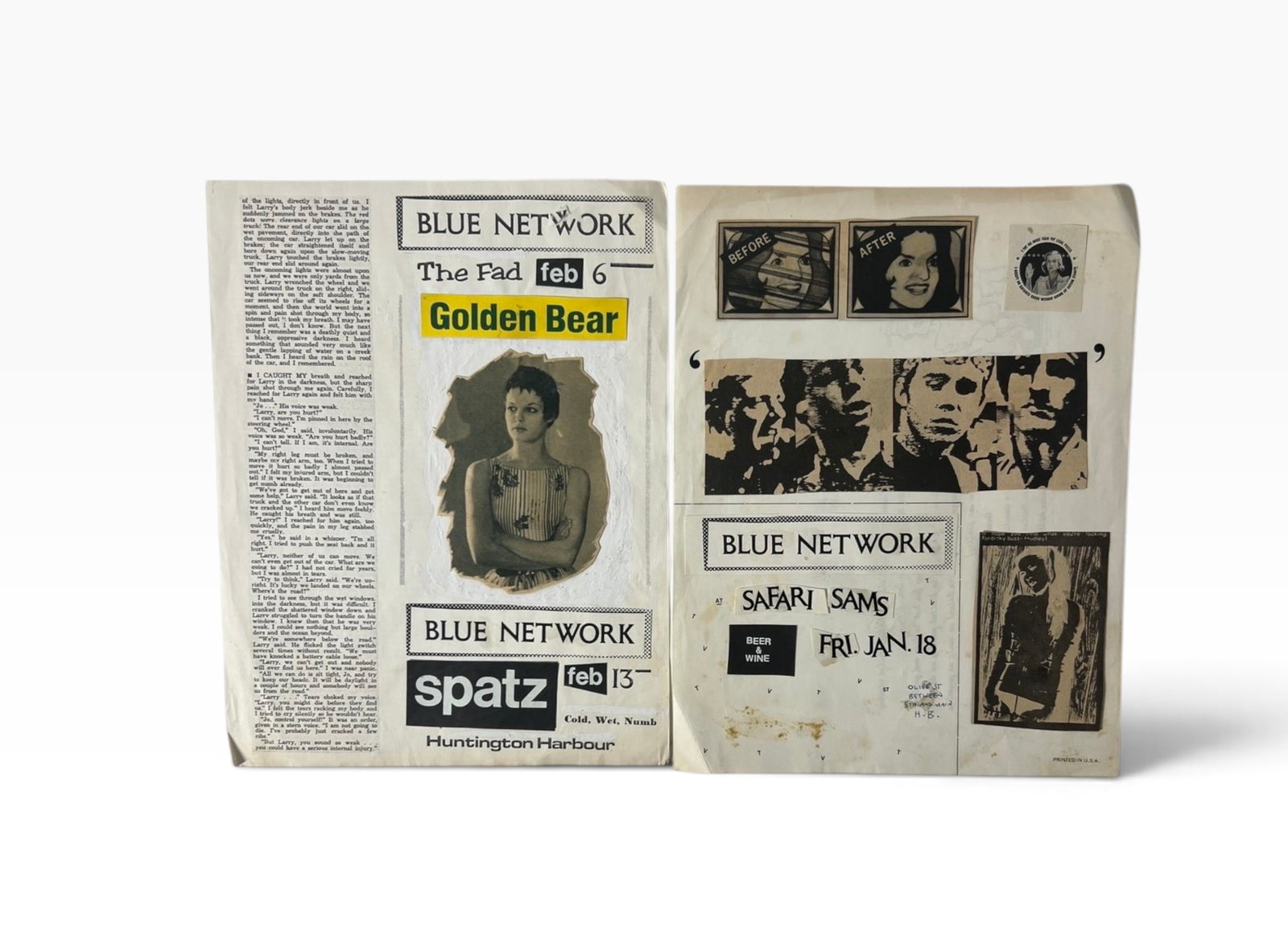 Blue Network Golden Bear Punk Rock Flyer Lot: Vintage punk rock and new wave ephemera featuring Blue Network, The Fad, Spatz, Golden Bear and Safari Sam?s, with collage imagery and period event information. Visible handling wear and age toning.