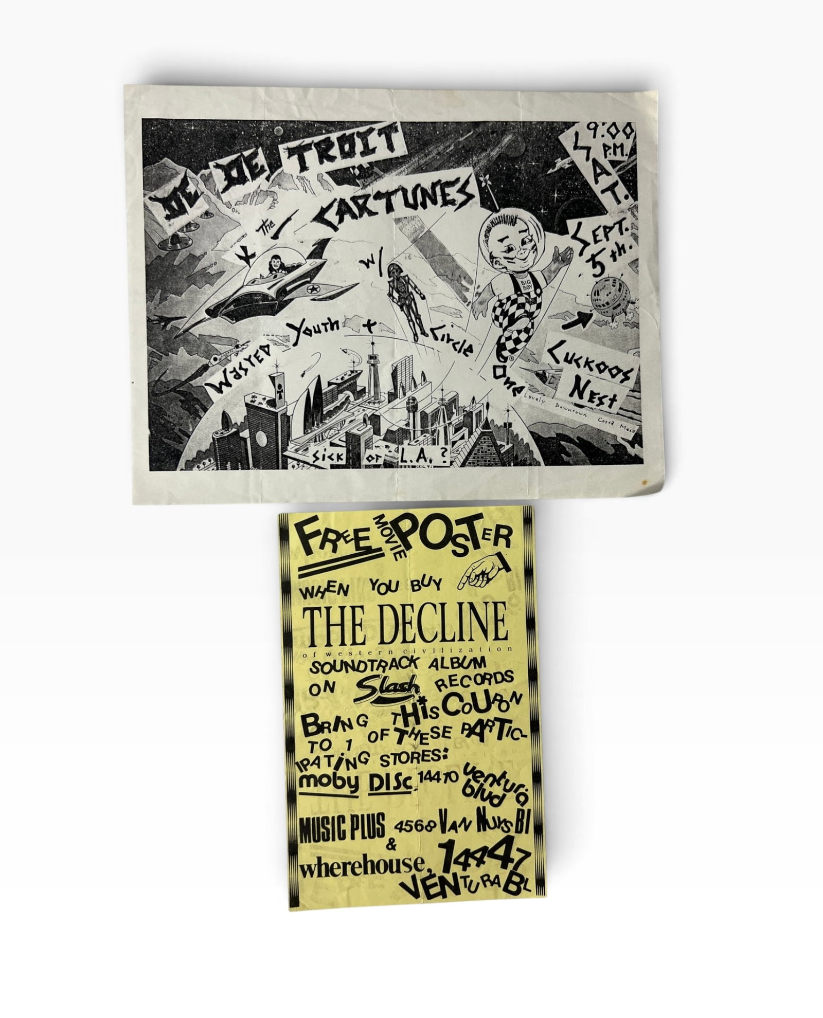 Punk Rock Dr Detroit Decline Promo Flyers: Pair of vintage punk/new wave promotional flyers including Dr. Detroit with The Cartunes and a Free Movie Poster promotion for 'The Decline of Western Civilization' soundtrack album. Scarce music-stor