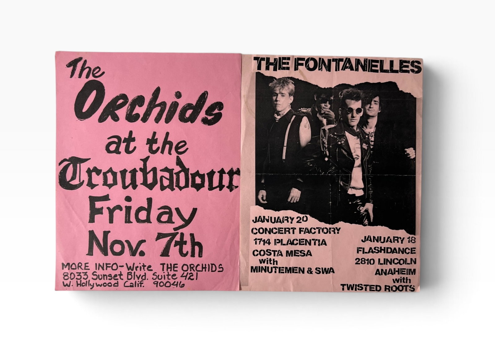 Punk Rock The Orchids Fontanelles Flyers: Pair of vintage punk rock/new wave flyers featuring The Orchids at the Troubadour and The Fontanelles at Concert Factory with Minutemen & SWA, plus Flashdance with Twisted Roots. Original Southern Cal