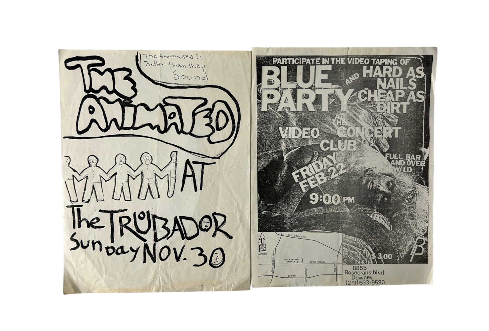 Punk Rock Flyers The Animated Blue Party: Two vintage punk/new wave flyers: The Animated at The Troubadour and a Blue Party video taping flyer with Hard as Nails and Cheap as Dirt at the Concert Club in Downey. Vintage folds and handling wear