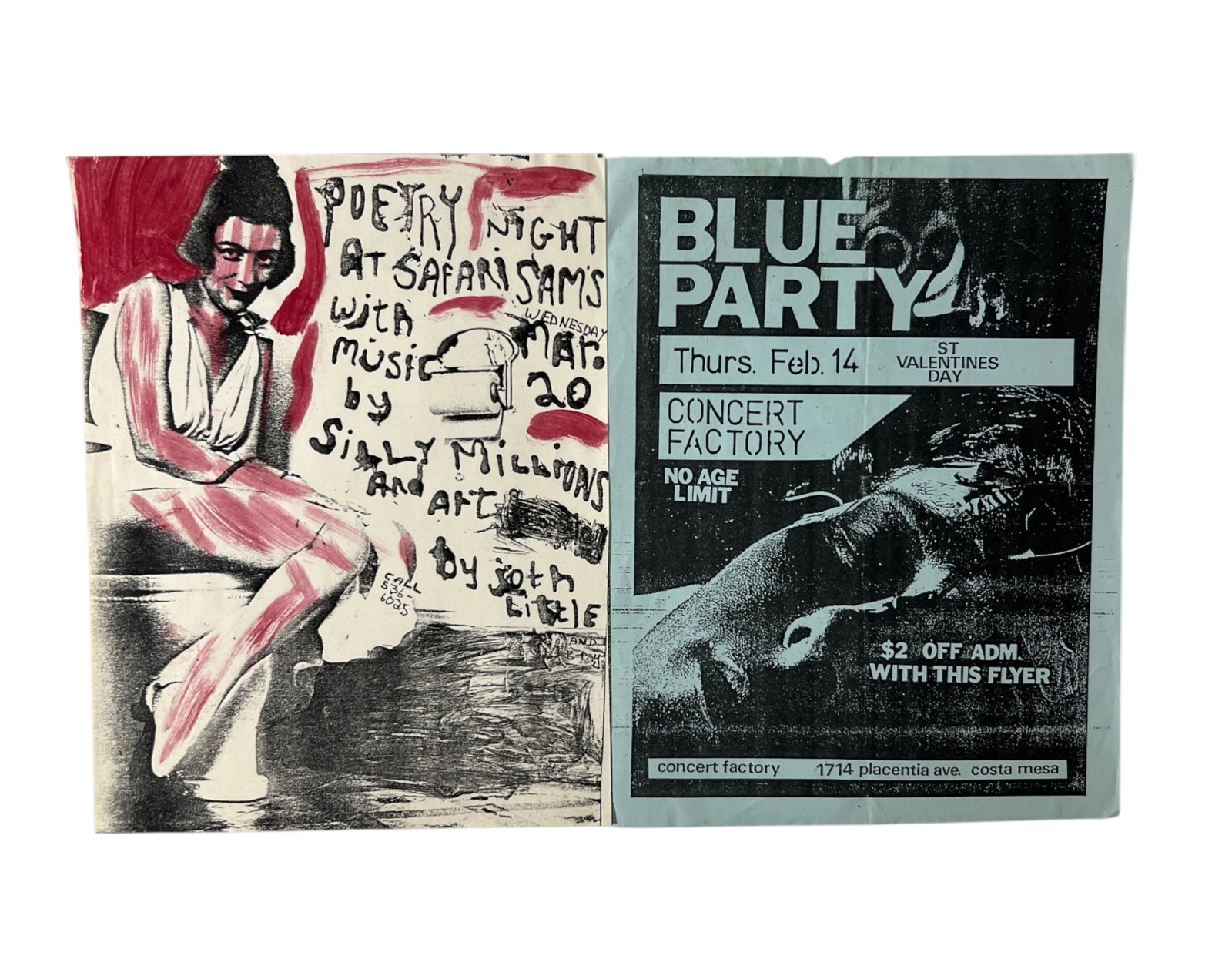 Punk Rock Flyers Poetry Night Blue Party: Pair of vintage flyers featuring Poetry Night at Safari Sam's with Silly Millions and John Lewis, together with a Blue Party Valentine's Day flyer at the Concert Factory in Costa Mesa. Vintage paper e