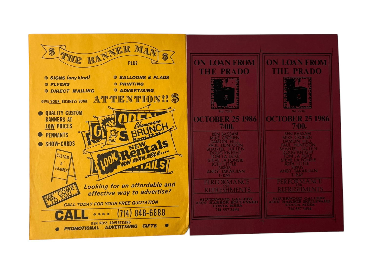Punk Rock Ephemera On Loan From The Prado: Vintage Southern California promotional ephemera including a Ken Ross Advertising flyer and two matching 1986 On Loan From the Prado performance invitations for Silverwood Gallery, Costa Mesa, listing