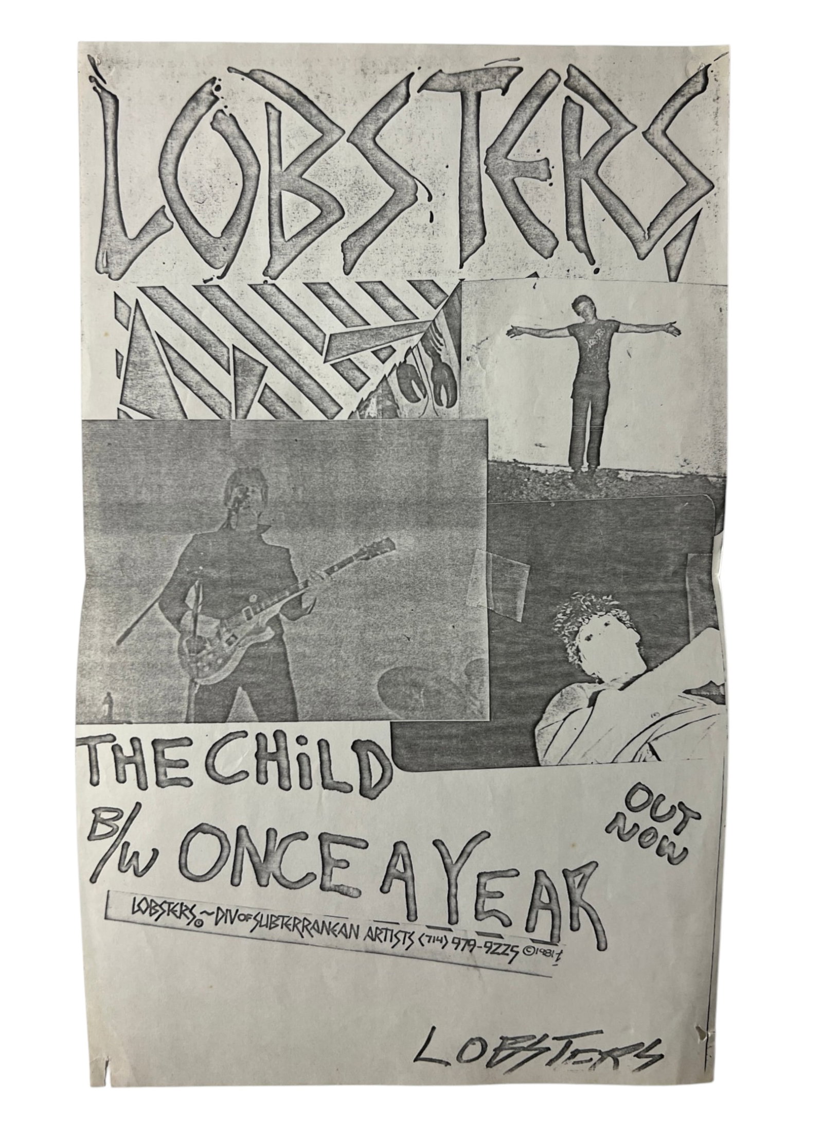 Vintage Punk Rock Lobsters The Child Concert Flyer: Original vintage punk rock / underground concert flyer for The Lobsters, The Child and Once a Year. Black-and-white photocopied collage-style design with band photographs and hand-lettered typography.