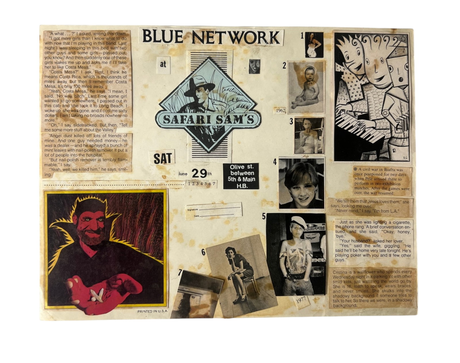 Blue Network Punk Rock Safari Sams Flyer Collage Production Flyer Layout: Vintage Blue Network punk rock/new wave promotional flyer or collage for Safari Sam's in Huntington Beach. Mixed printed imagery, photographs, text clippings and hand-applied elements create a