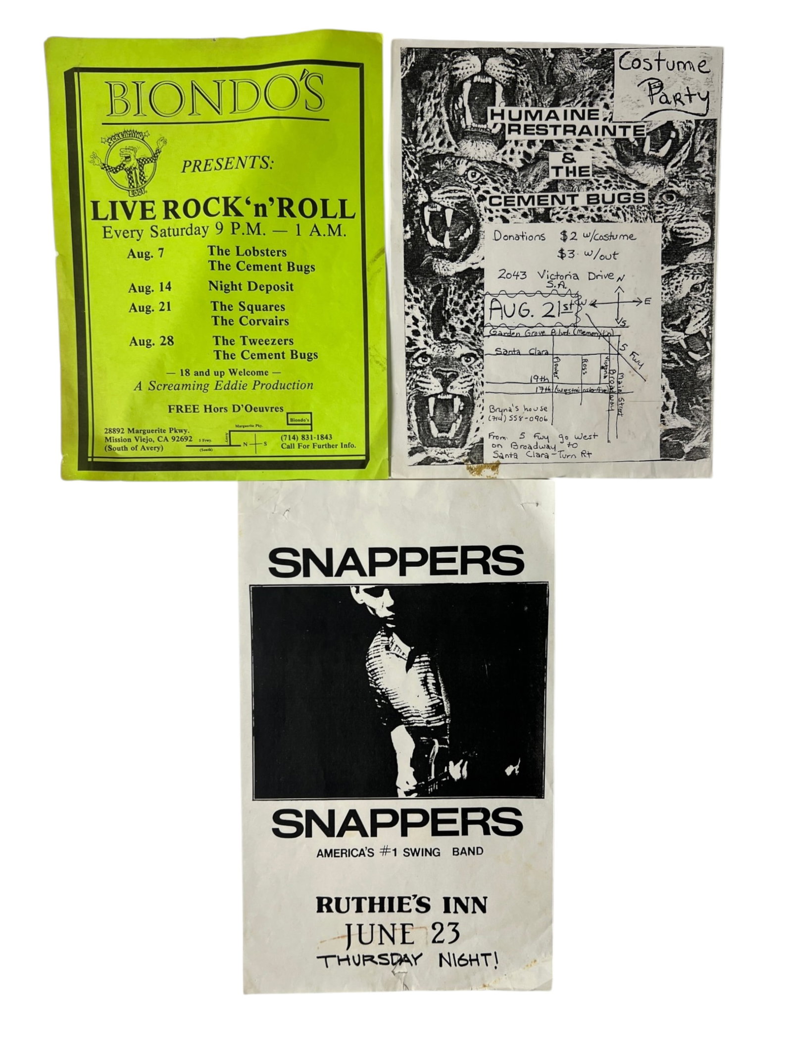 Punk Rock Flyers Cement Bugs Snappers Biondos: Group of three vintage music flyers including Biondo's Live Rock 'n' Roll with The Cement Bugs, Humaine Restrainte & The Cement Bugs costume party, and Snappers at Ruthie's Inn. Original underground