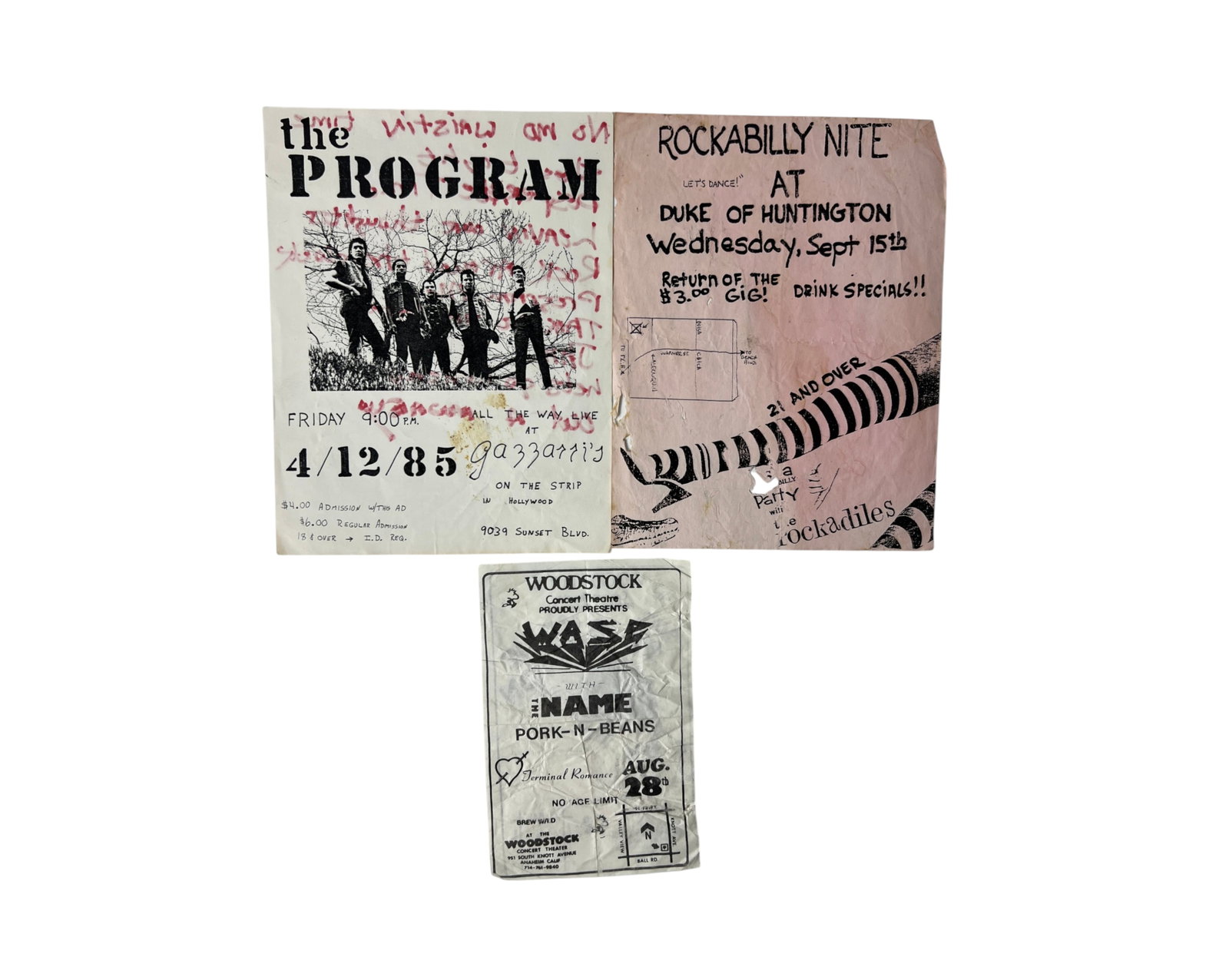 Punk Rock Flyers The Program Rockabilly WARS: Group of vintage punk rock and alternative music flyers including The Program at Gazzarri's, Rockabilly Nite at Duke of Huntington, and WARS at Woodstock Concert Theatre. California club ephemera