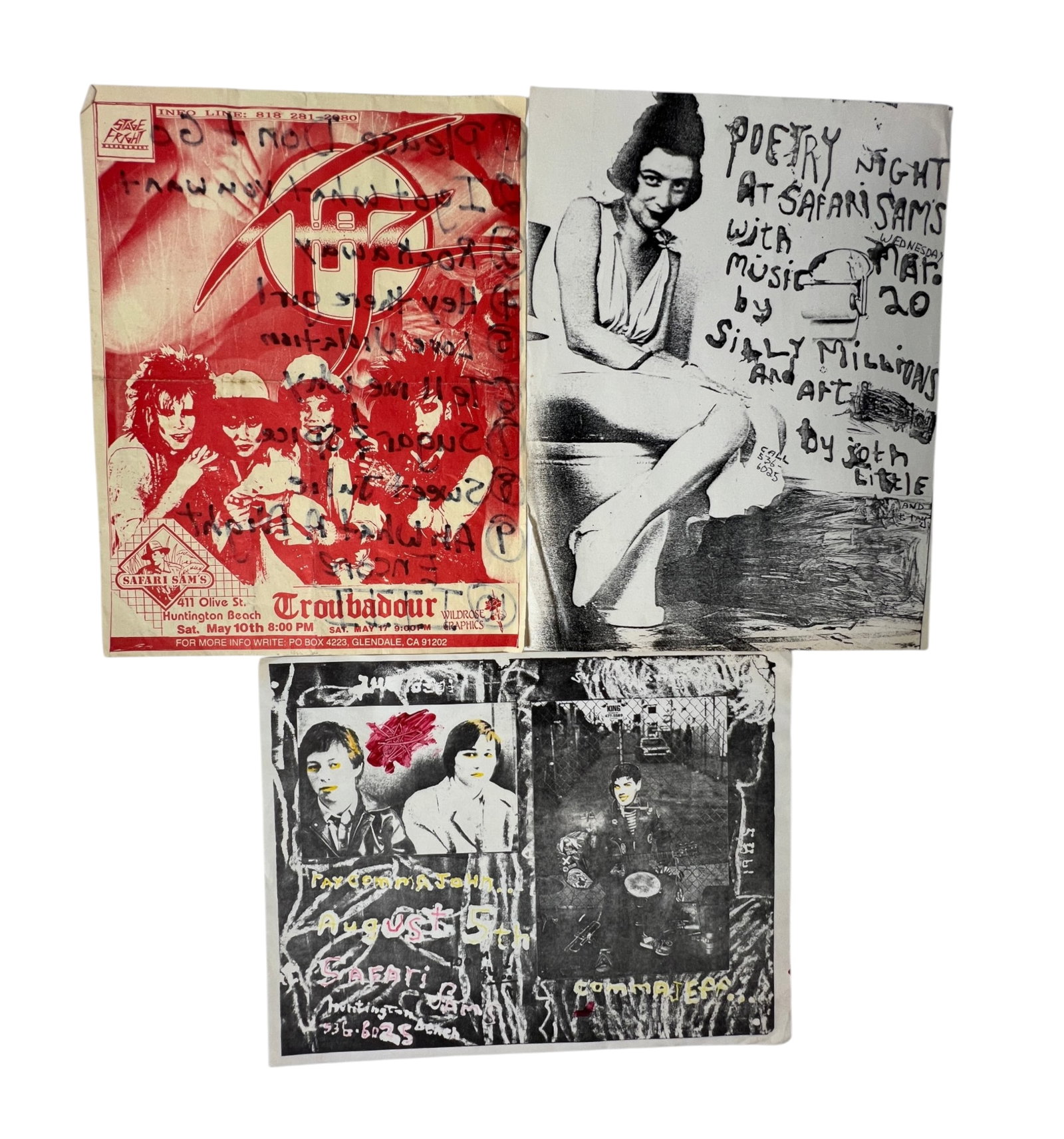 Punk Rock Flyers Stage Fright Safari Sams Lot: Group of three vintage underground music and punk rock flyers including a Stage Fright promotional piece, a Safari Sam's poetry night flyer with music by Silly Millions, and a hand-decorated concert
