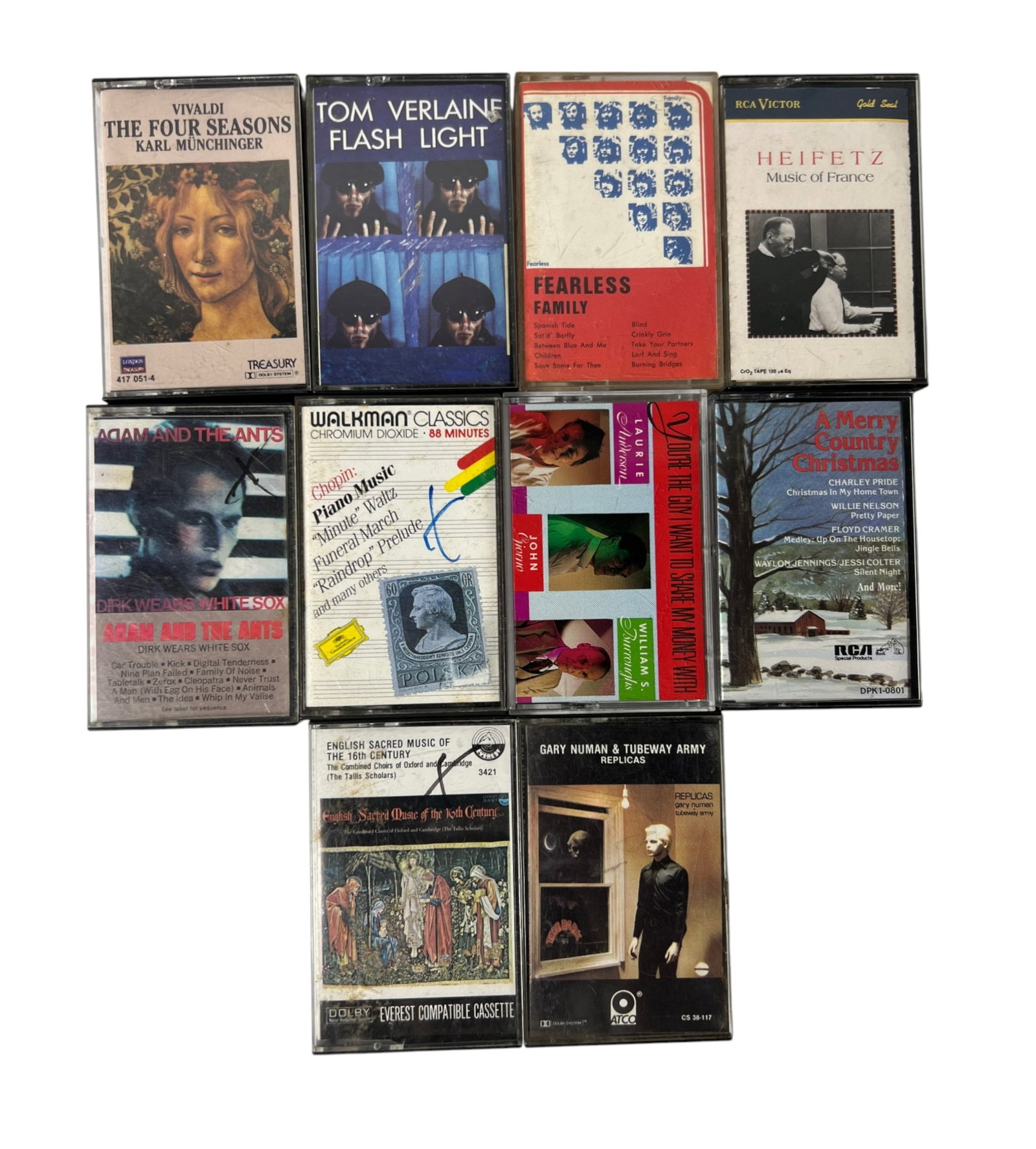 Vintage Music Cassette Lot Punk New Wave 10 Tapes: Lot of 10 vintage cassette tapes including Tom Verlaine 'Flash Light,' Adam and the Ants, Gary Numan & Tubeway Army 'Replicas,' Vivaldi, Heifetz, Fearless Family and others. Mixed rock, new wave and