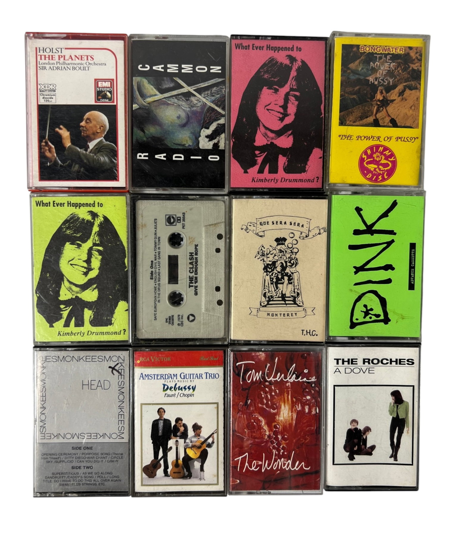 Vintage Punk Rock Music Cassette Collection: Collection of 12 vintage cassette tapes spanning punk, alternative, rock, classical and other music. Visible titles include Bongwater, The Clash, Gary Numan & Tubeway Army, Adam and the Ants, Dweezil