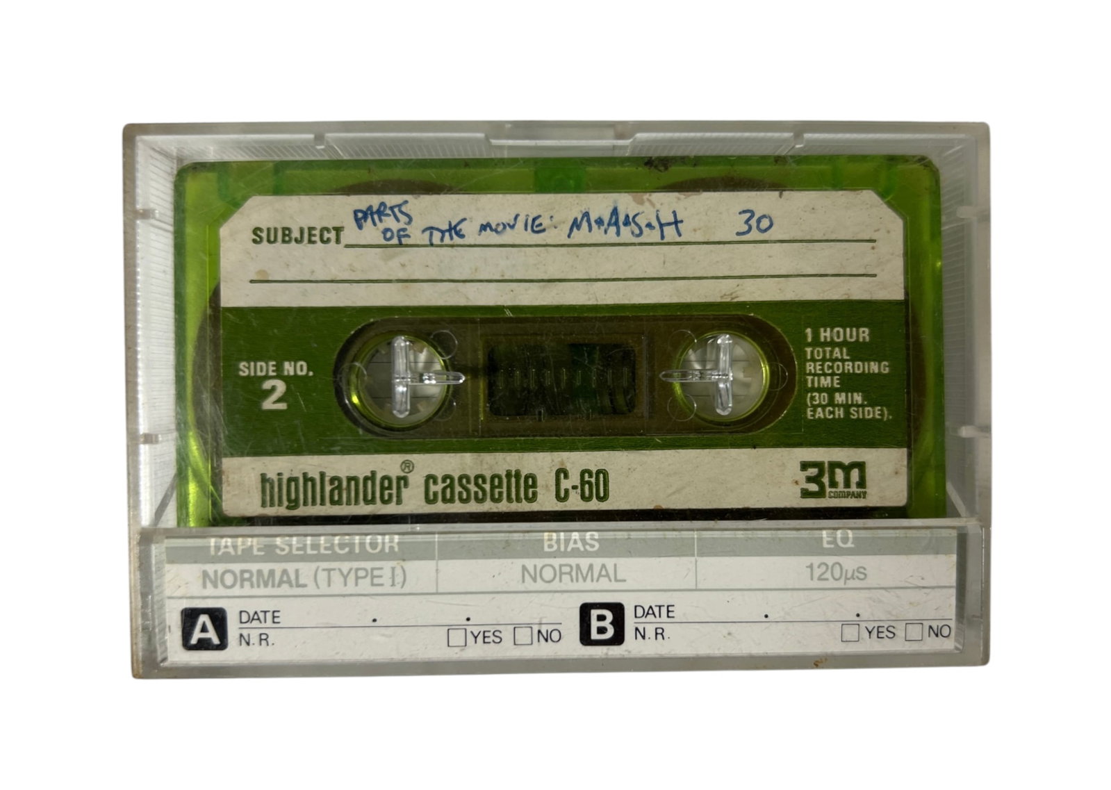MASH And ALICE COOPER Vintage Archive Cassette Tape: Vintage Highlander/3M C-60 cassette with handwritten label reading ?Parts of the Movie: M*A*S*H? and ?30,? side 2. Archival recorded-media item possibly containing excerpts or production-related