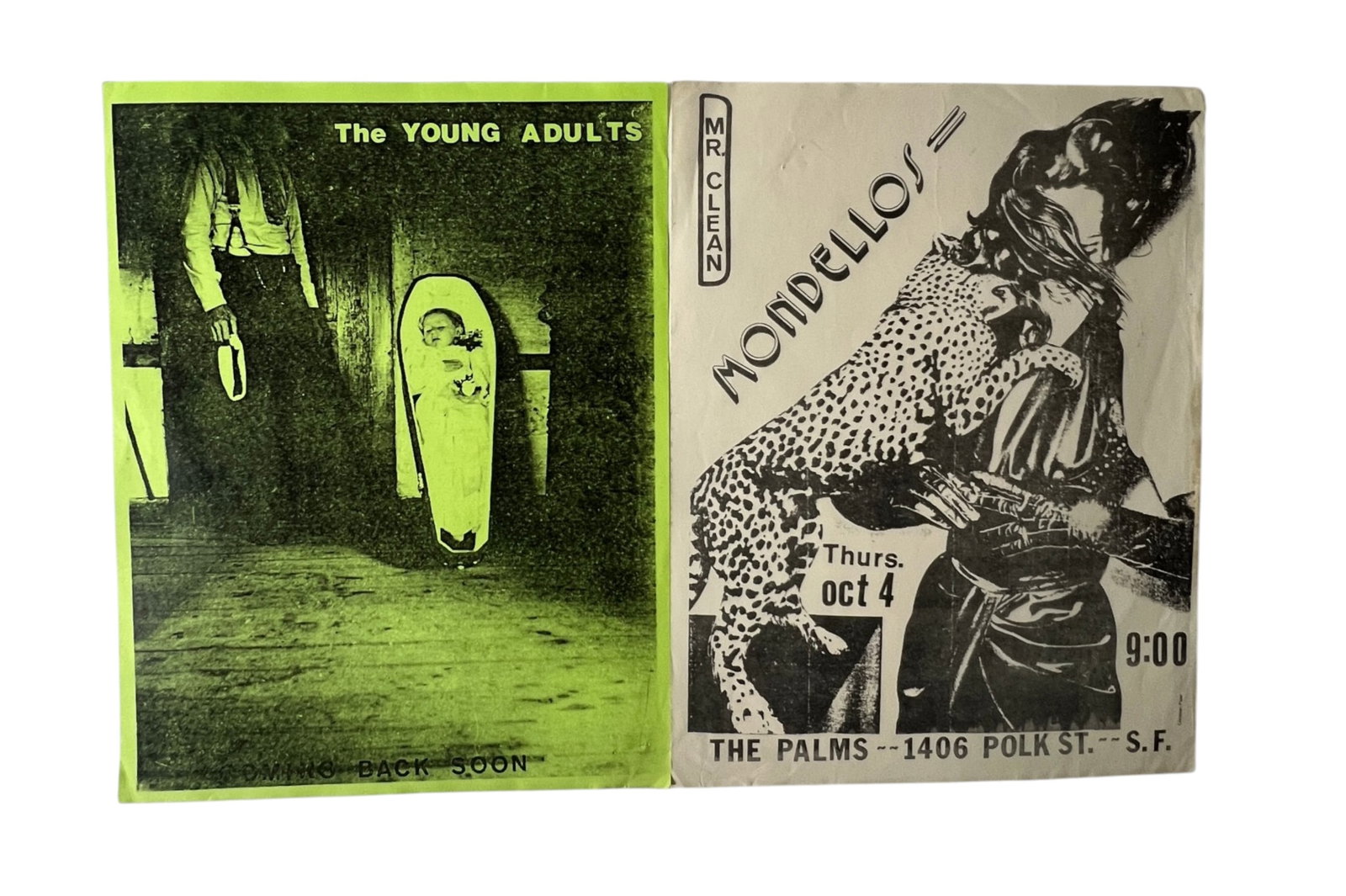 Young Adults Mr Clean Vintage Punk Rock Flyers: Two vintage punk rock/new wave flyers: The Young Adults "Coming Back Soon" and Mr. Clean "Mondello's" at The Palms, 1406 Polk Street, San Francisco. Original period paper ephemera with age and handlin