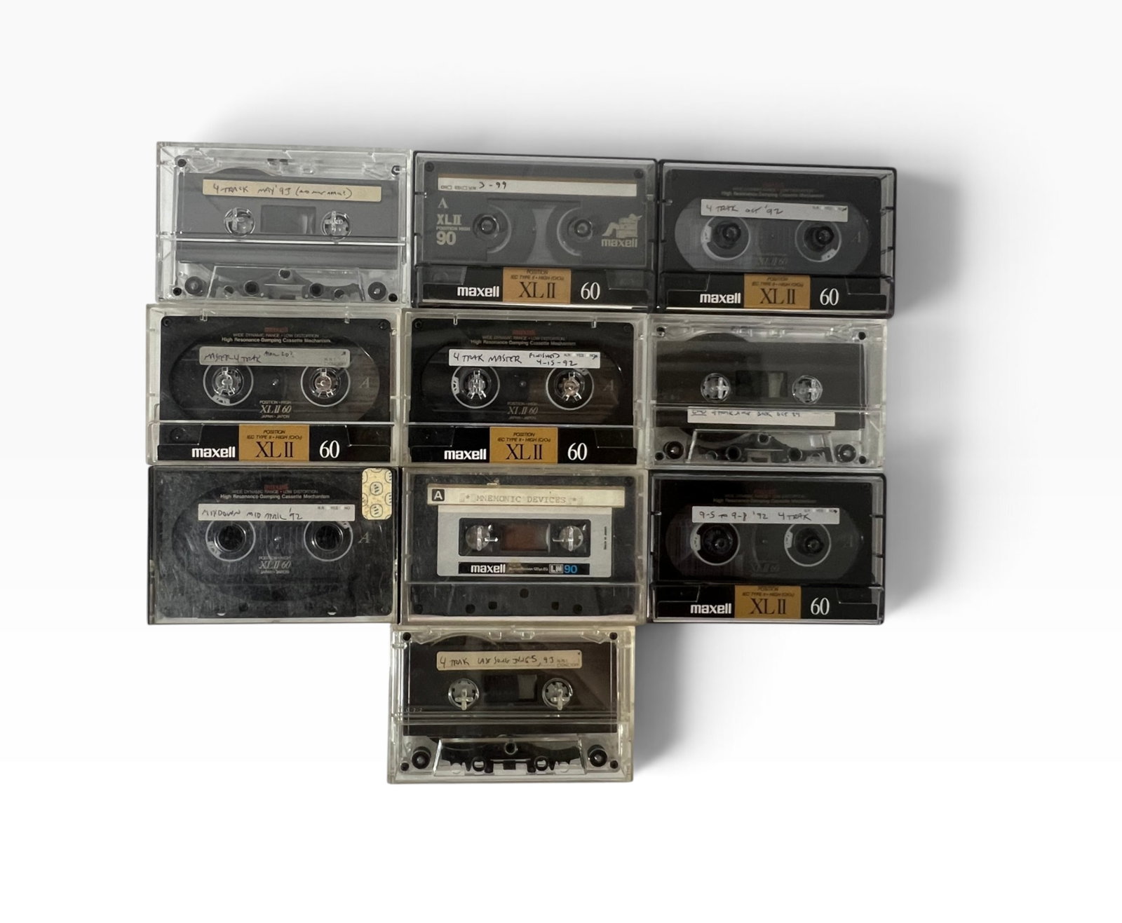 Vintage Studio Punk Rock Master Cassette Archive 1980s90s: Group of approximately ten vintage cassette tapes, many Maxell XLII high-bias recordings with handwritten ?4 Track,? ?Master,? and dated studio/session annotations from the early 1990s. Includes multi