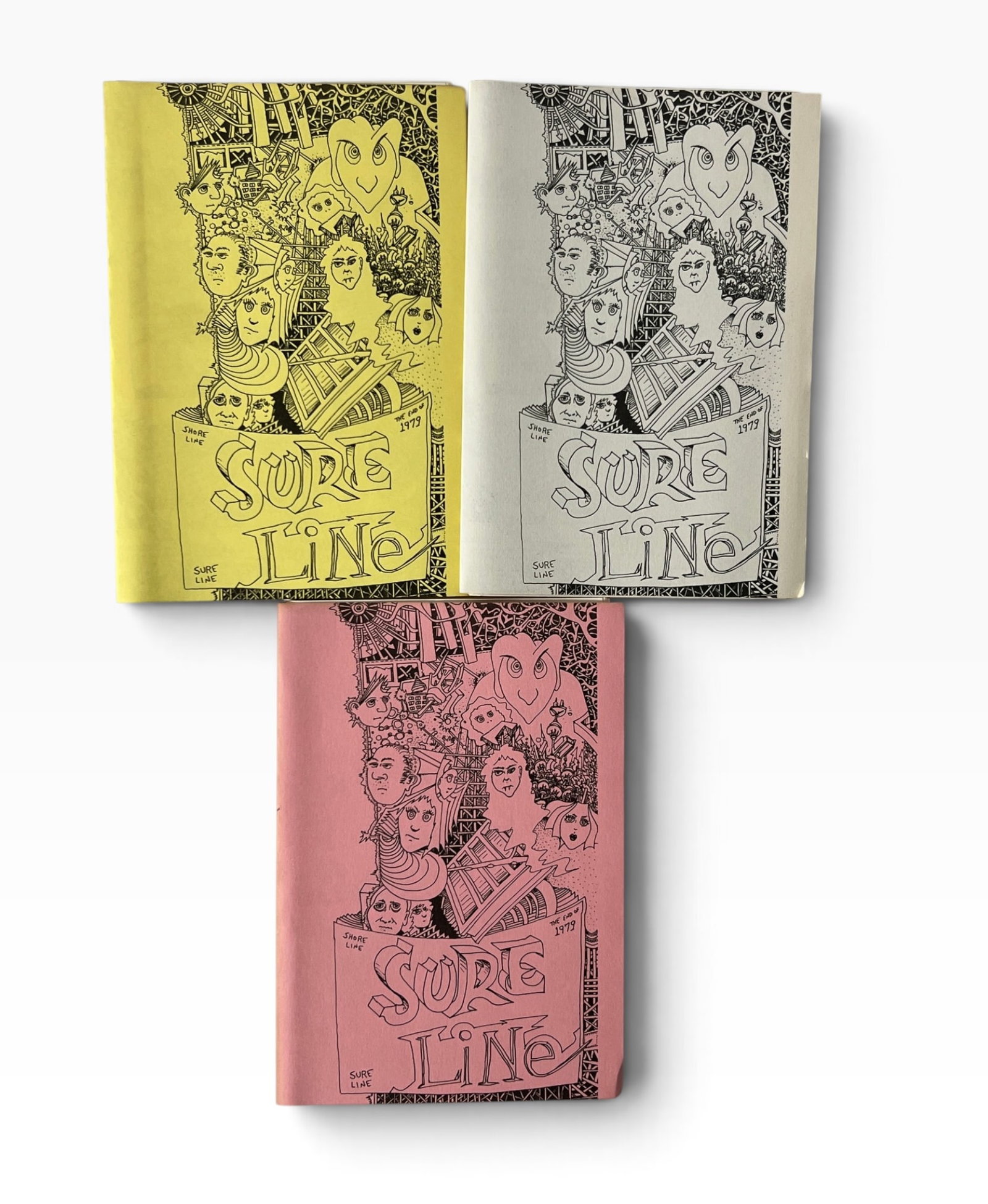 Sure Line Underground Zine Story Book 1979 Three Vintage Copies: Group of three vintage copies/variants of the underground zine 'Sure Line,' marked 'The End of 1979,' with illustrated punk/new-wave style cover art. Includes yellow, white and pink paper versions. Sc