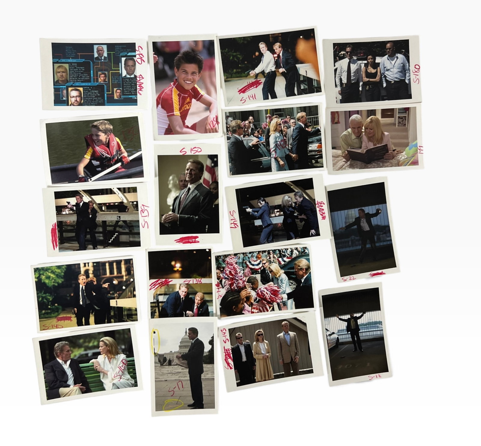 2006 Movie The Sentinel Production Still Photographs Group: Group of color production still photographs from the film The Sentinel, including cast and scene images with handwritten scene/reference numbers in red ink. Sold as one group, unframed, with expected 