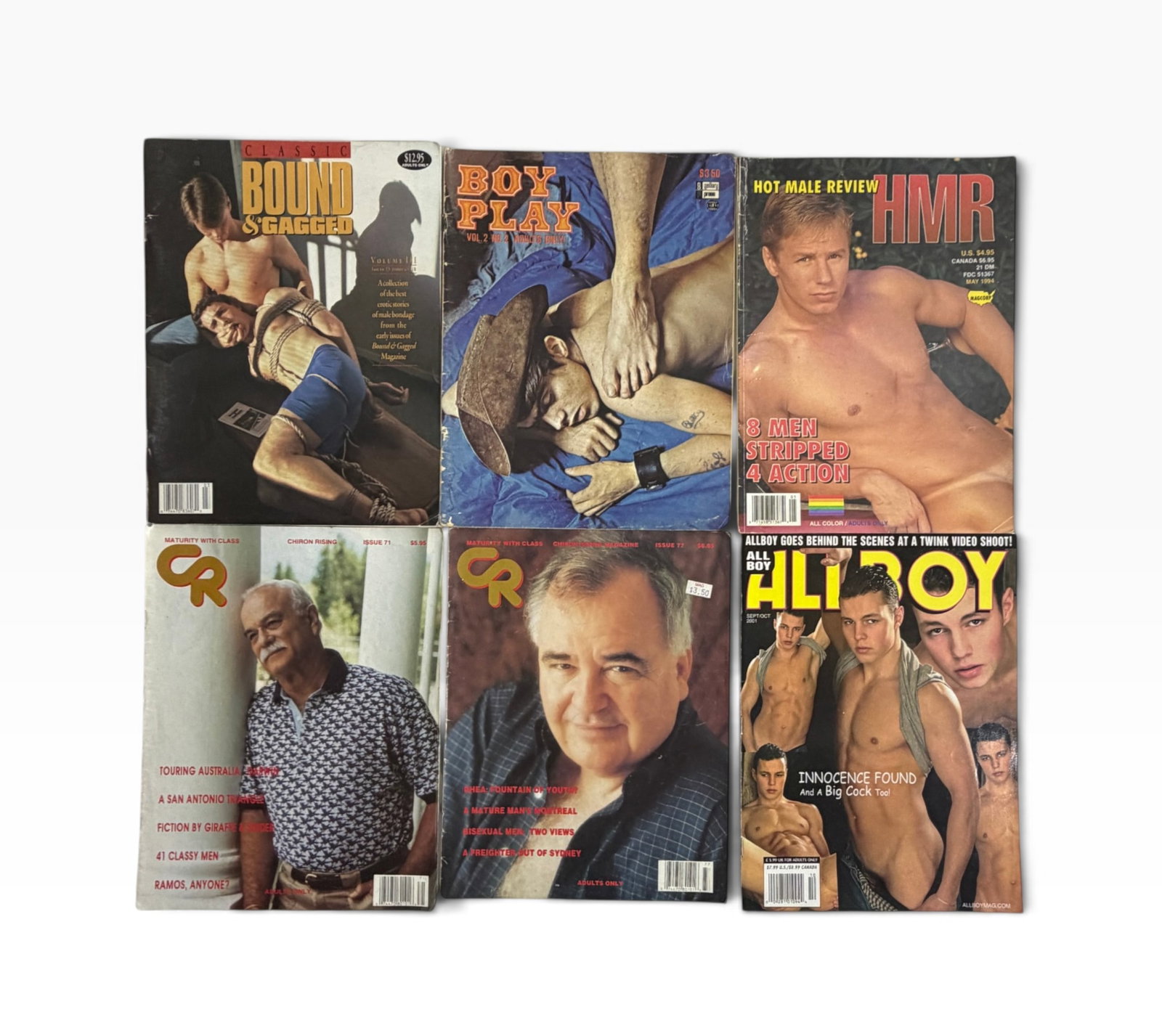 Vintage Male Adult Magazine Group Gagged Boy Play HMR Chiron Rising: Group of six vintage male adult magazines including Classic , Boy Play, Hot Male Review (HMR), Chiron Rising, and All Boy. Mixed issues and dates. Visible handling, edge wear and age toning. Sold as o