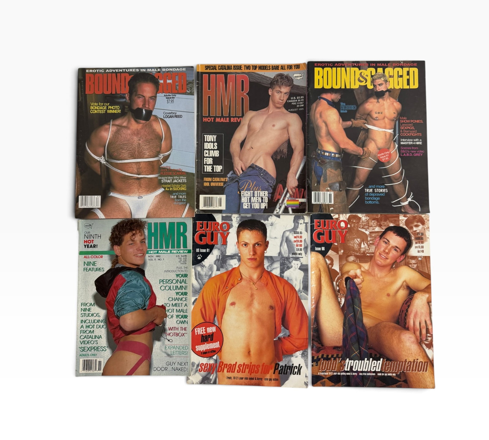Vintage Male Adult Magazine Group Gagged HMR Euro Guy: Group of six vintage male adult magazines including Gagged, Hot Male Review (HMR), Euro Guy, and related titles. Mixed issues and dates with age/storage wear. Sold as one lot as shown.