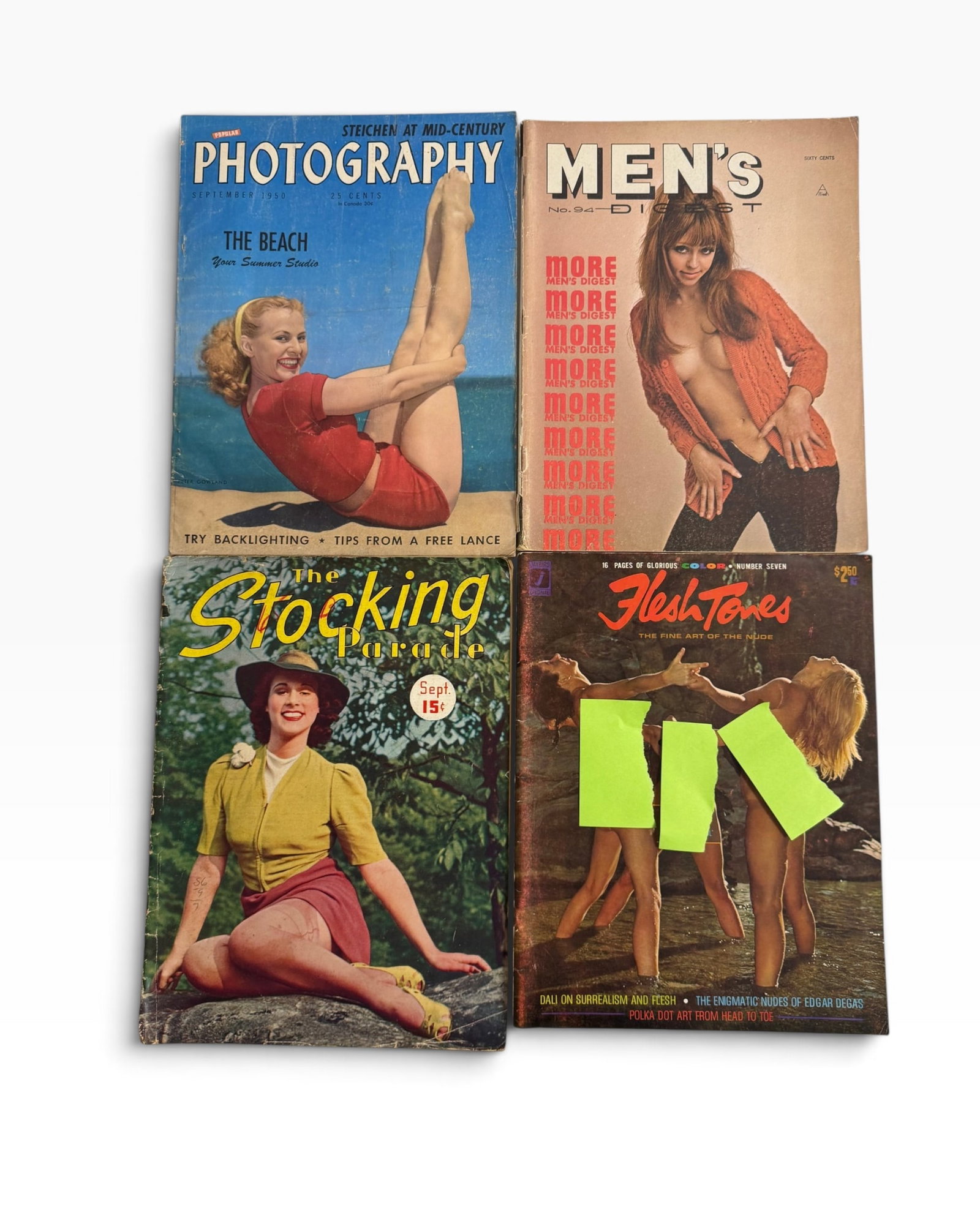 1950s Mens Adult Photography Magazine Lot: Group of four vintage publications including Popular Photography (September 1950), Men?s Digest No. 94, The Stocking Parade, and Fleshtones No. 7. Vintage mid-century adult/glamour and photography mat