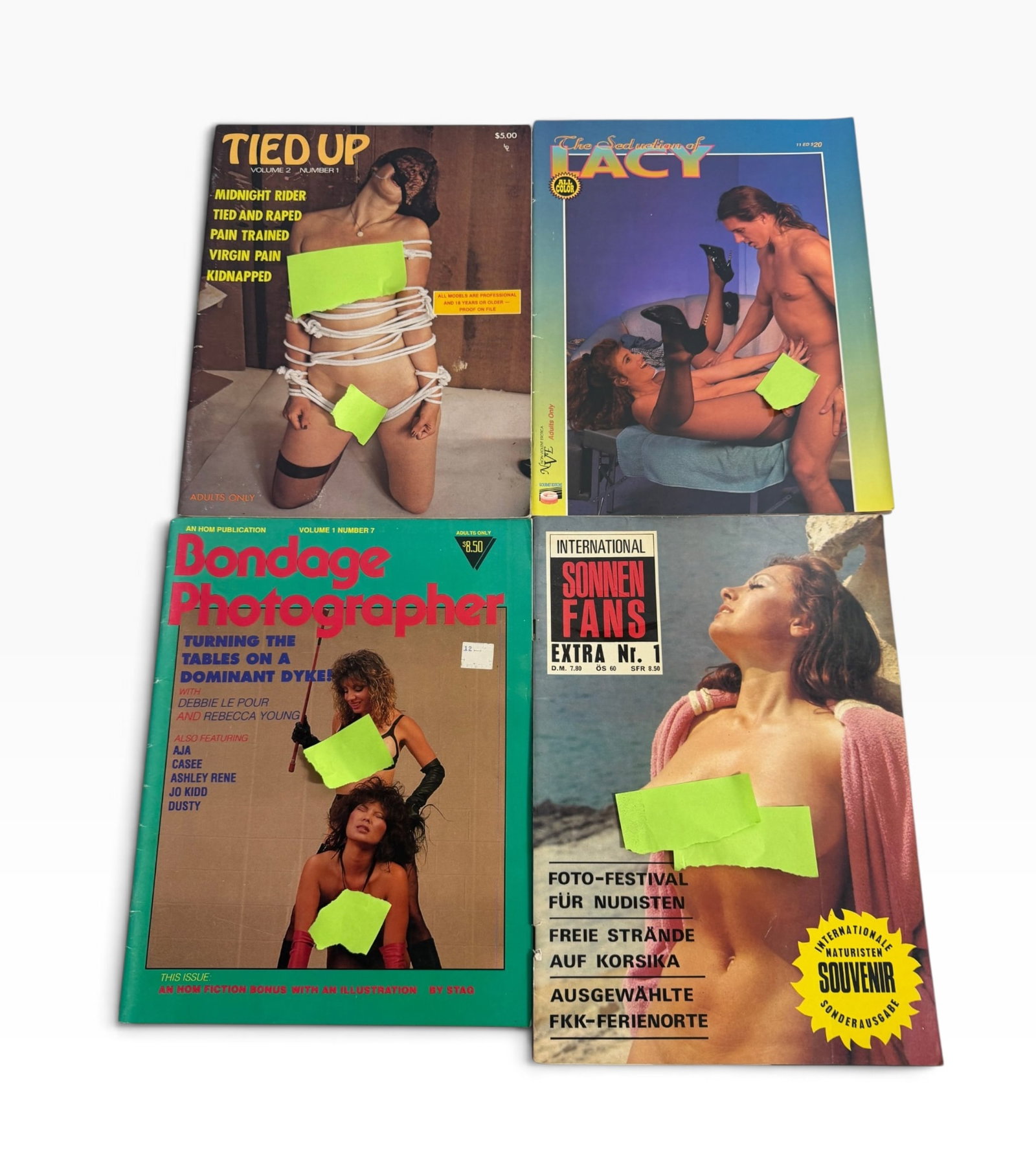 Vintage Adult Magazine Lot Tied Up Seduction of Lacy Photographer Naturist: Four vintage adult magazines including Tied Up, The Seduction of Lacy, Photographer, and International Sonnen Fans Extra Nr. 1. Sold as one lot; mixed condition.