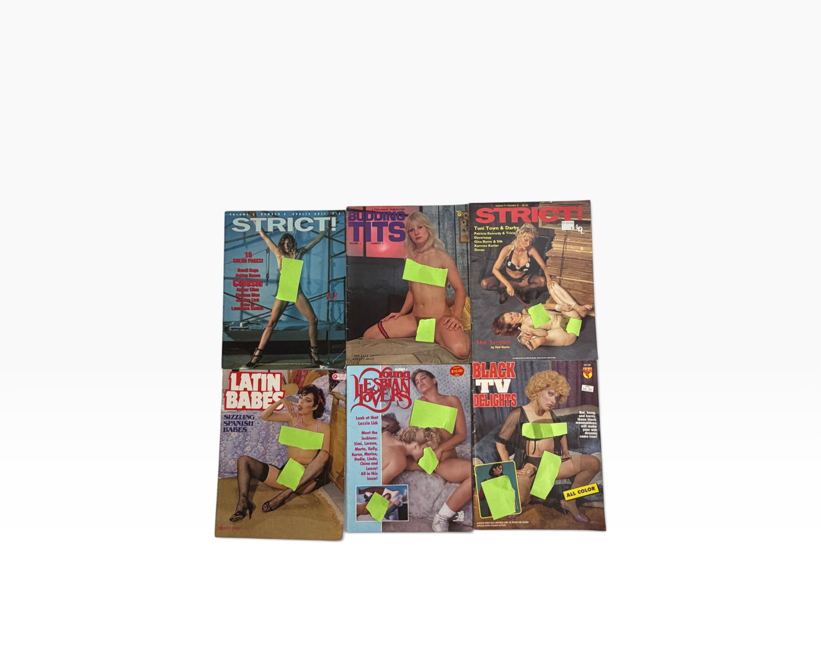 Vintage Adult Magazine Lot Strict Budding Tits Latin Babes More: Six vintage adult magazines including Strict!, Budding Tits, Strict! No. 9, Latin Babes, Young Lesbian Lovers, and Black Delights. Mixed condition and dates; sold as shown.