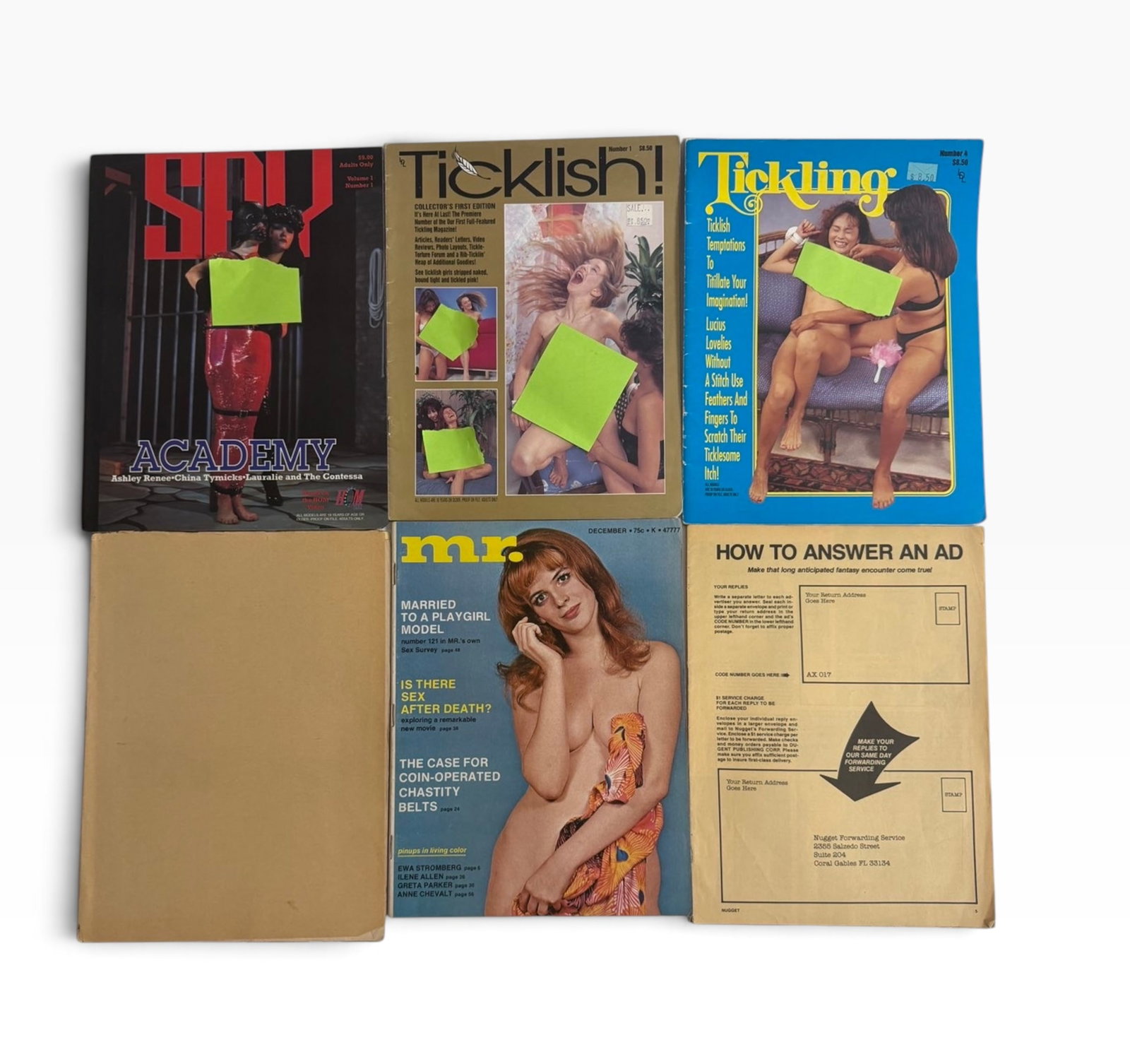 Vintage Adult Magazine Group SPY Academy Ticklish Tickling mr: Group of vintage adult magazines including SPY Academy, Ticklish! Collector?s First Edition, Tickling No. 4, and mr. December issue, with an additional plain cover/backing piece as shown. Mixed condit