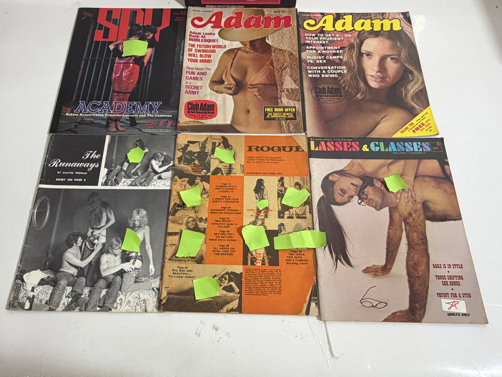 Vintage Adult Magazine Group Academy Adam Rogue More: Group of vintage adult-oriented magazines and publications including Academy, two Adam issues, The Runaways, Rogue, and Lasses & Glasses. Sold as an assorted group; visible age wear and handling.