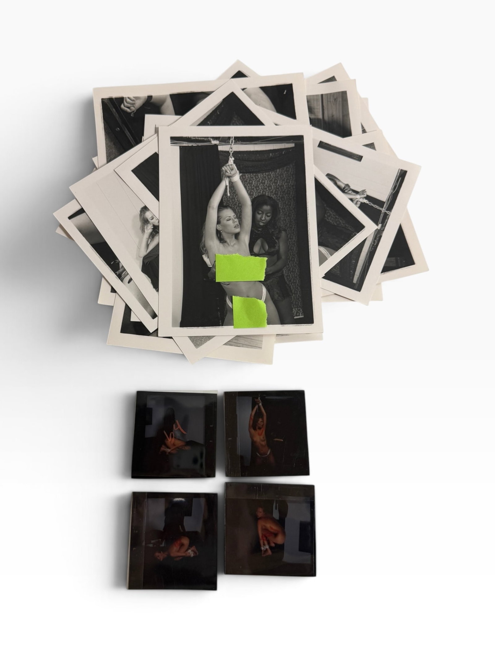 Vintage Adult BlackandWhite Photos Group with Large Transparencies: Group of vintage black-and-white studio photographs together with several larger-format photographic transparencies. Adult /glamour subjects; mixed condition and sold as shown.