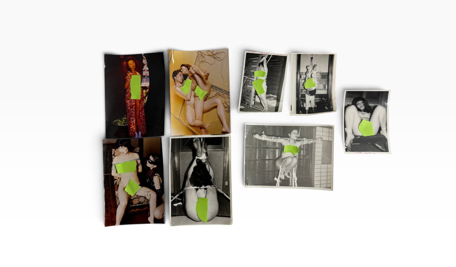 Vintage JapaneseStyle Adult Nude Photography Group: Group of six vintage photographs depicting staged Japanese-style adult and rope-bondage scenes. Includes both black-and-white and color examples. Sold together as shown.