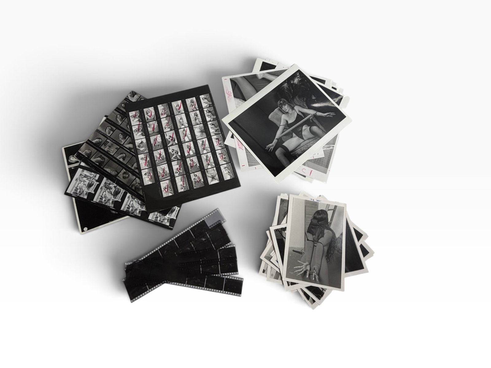 Vintage Adult Photo Production Archive Slides Photography Negatives: Large mixed archive of vintage adult studio photography including black-and-white prints, mounted slides, contact sheet material, and numerous negative strips. Production markings appear on several pr
